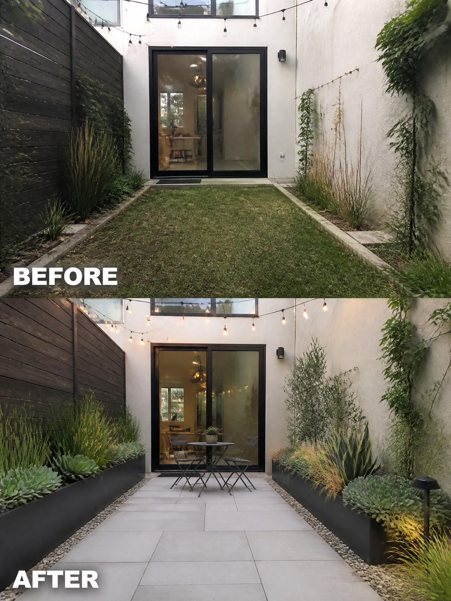 Before grassy courtyard and after modern patio with seating, planters, and string lights.