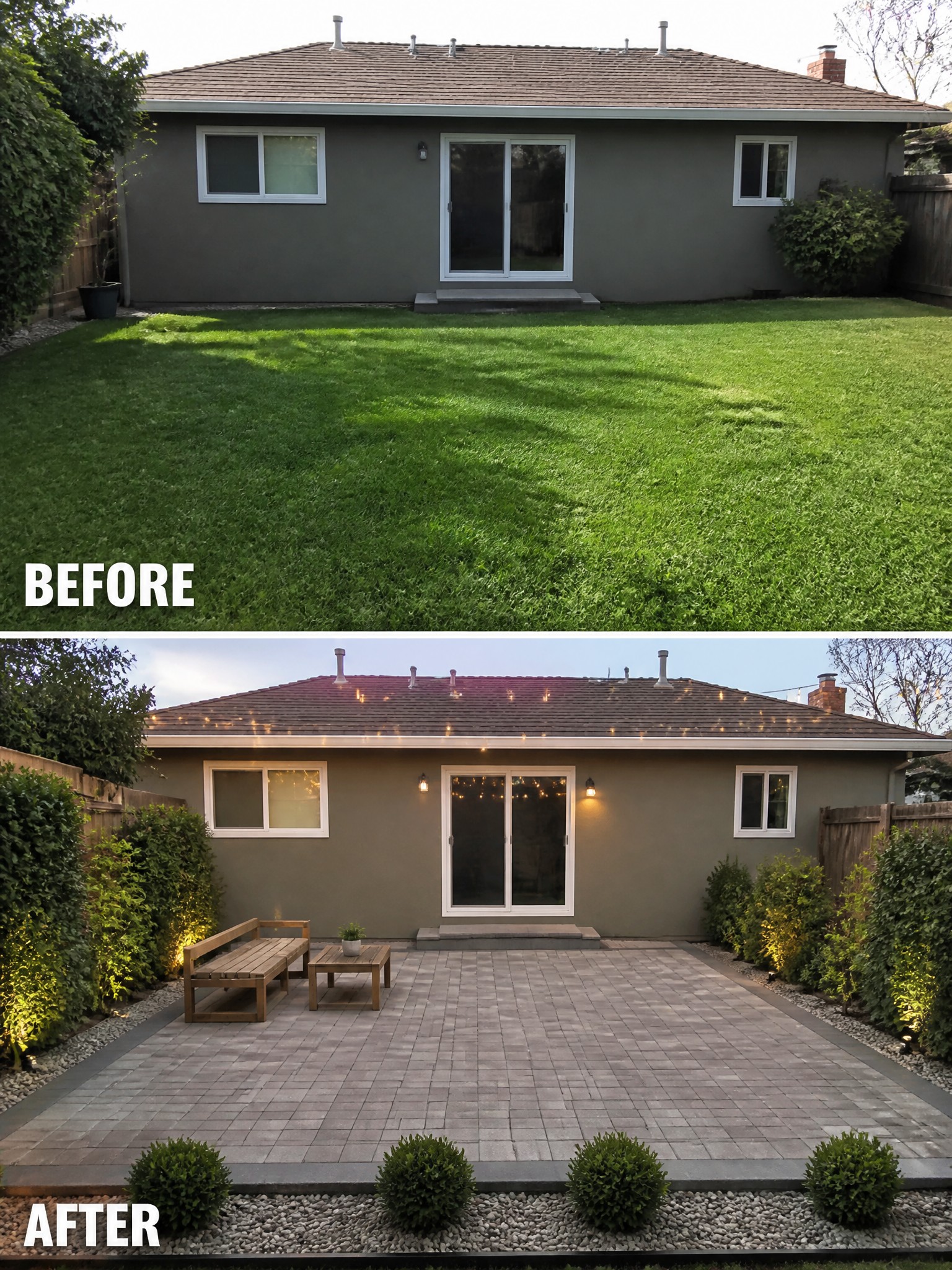 Before grassy lawn and after patio with string lights, bench, shrubs, and seating area.