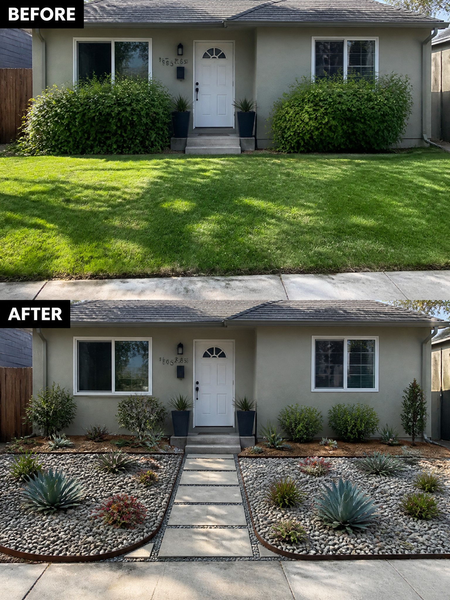 Before and after house entrance: lawn replaced by gravel beds, succulents, and paver walkway.