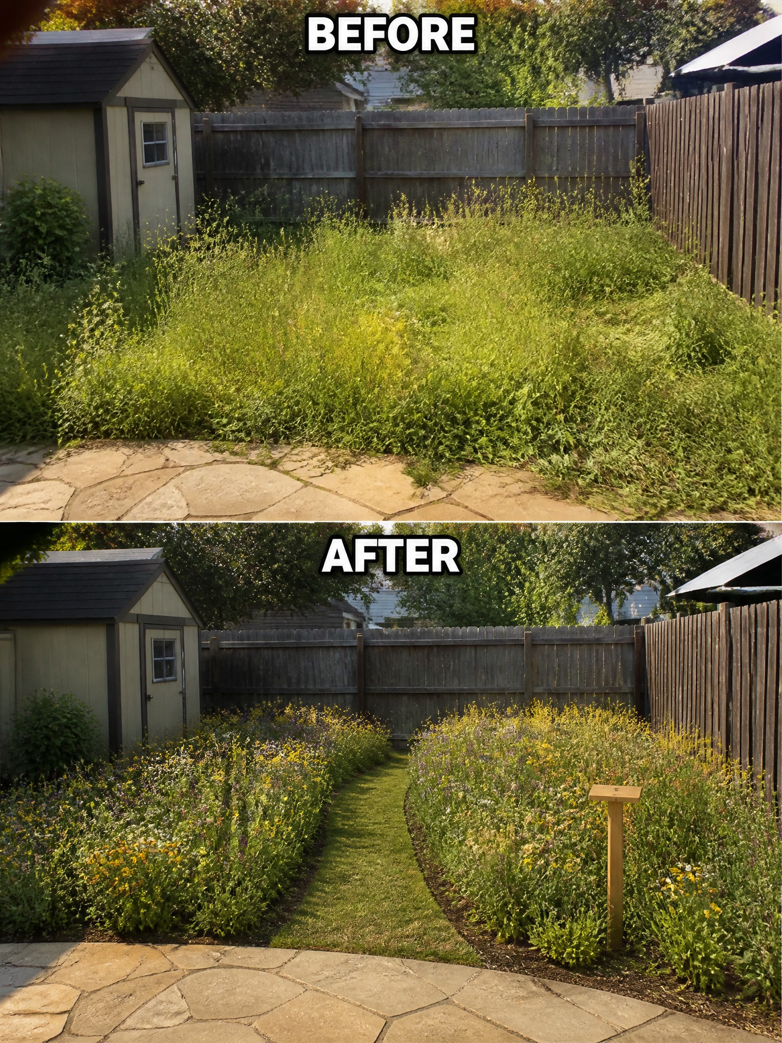Before and after of overgrown weed yard transformed into colorful flower garden with path.