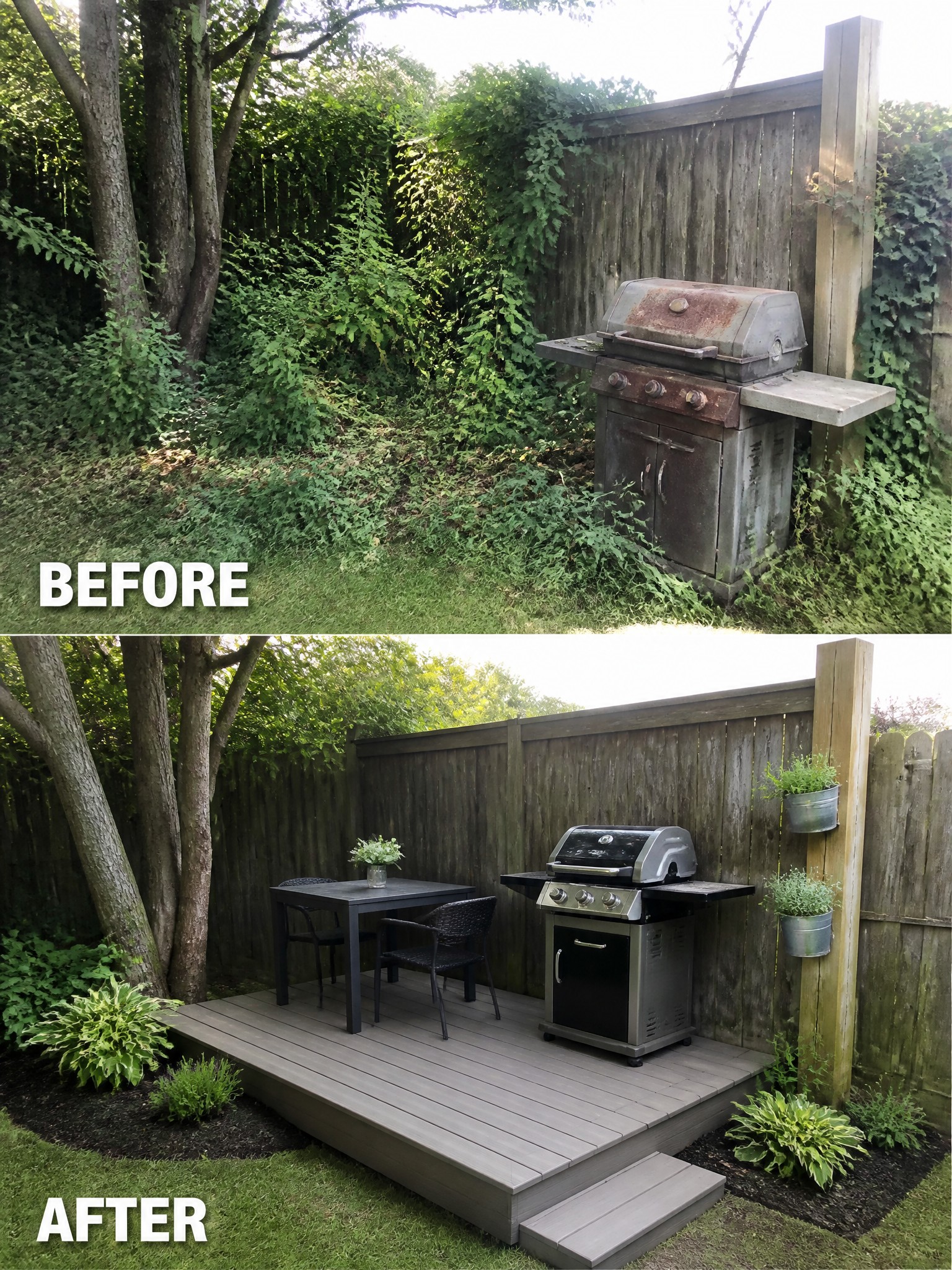 Before and after backyard renovation with new deck, grill, and landscaping.