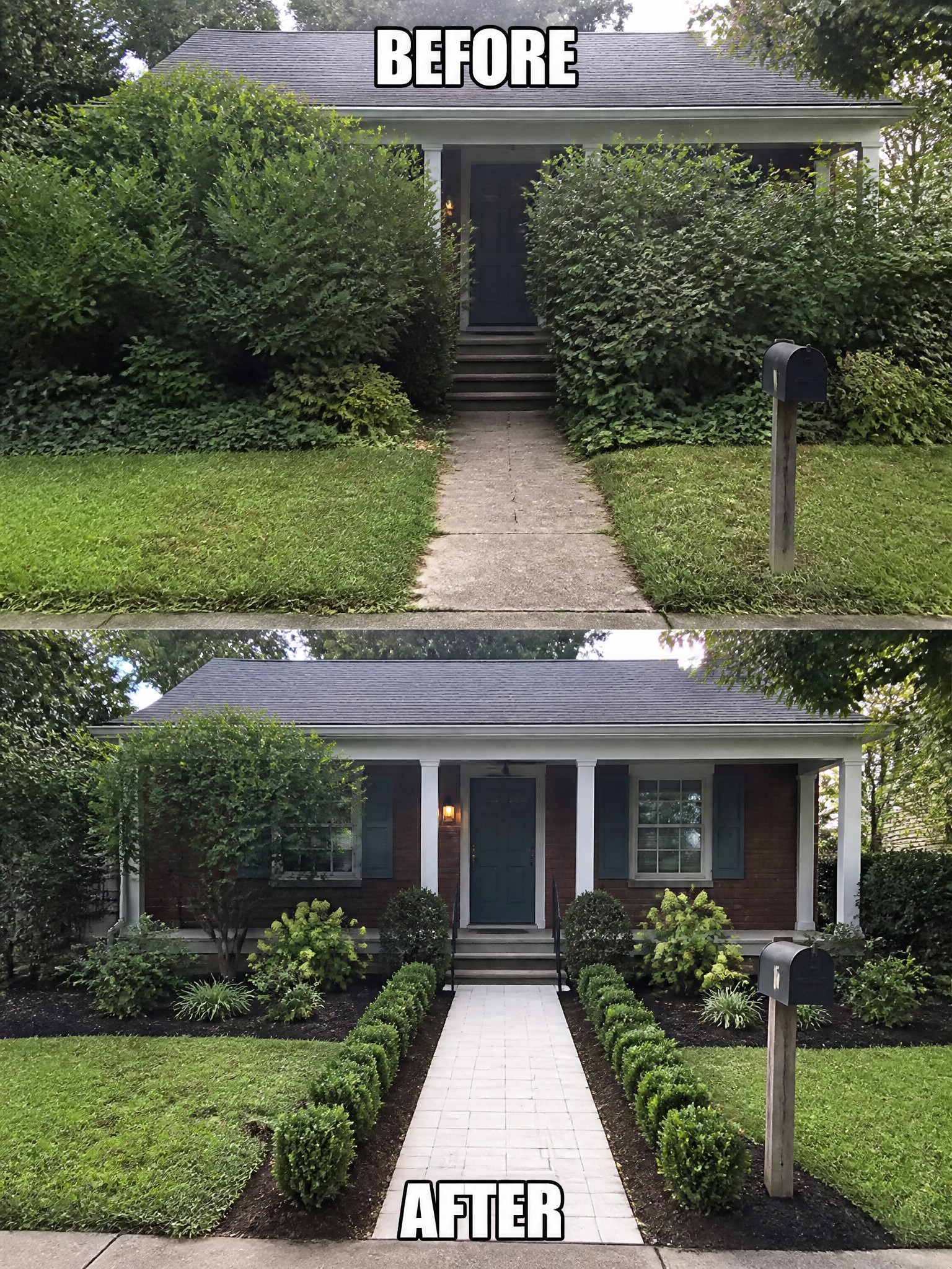 Before and after views of renovated house with trimmed bushes, brick siding, and paved walkway.