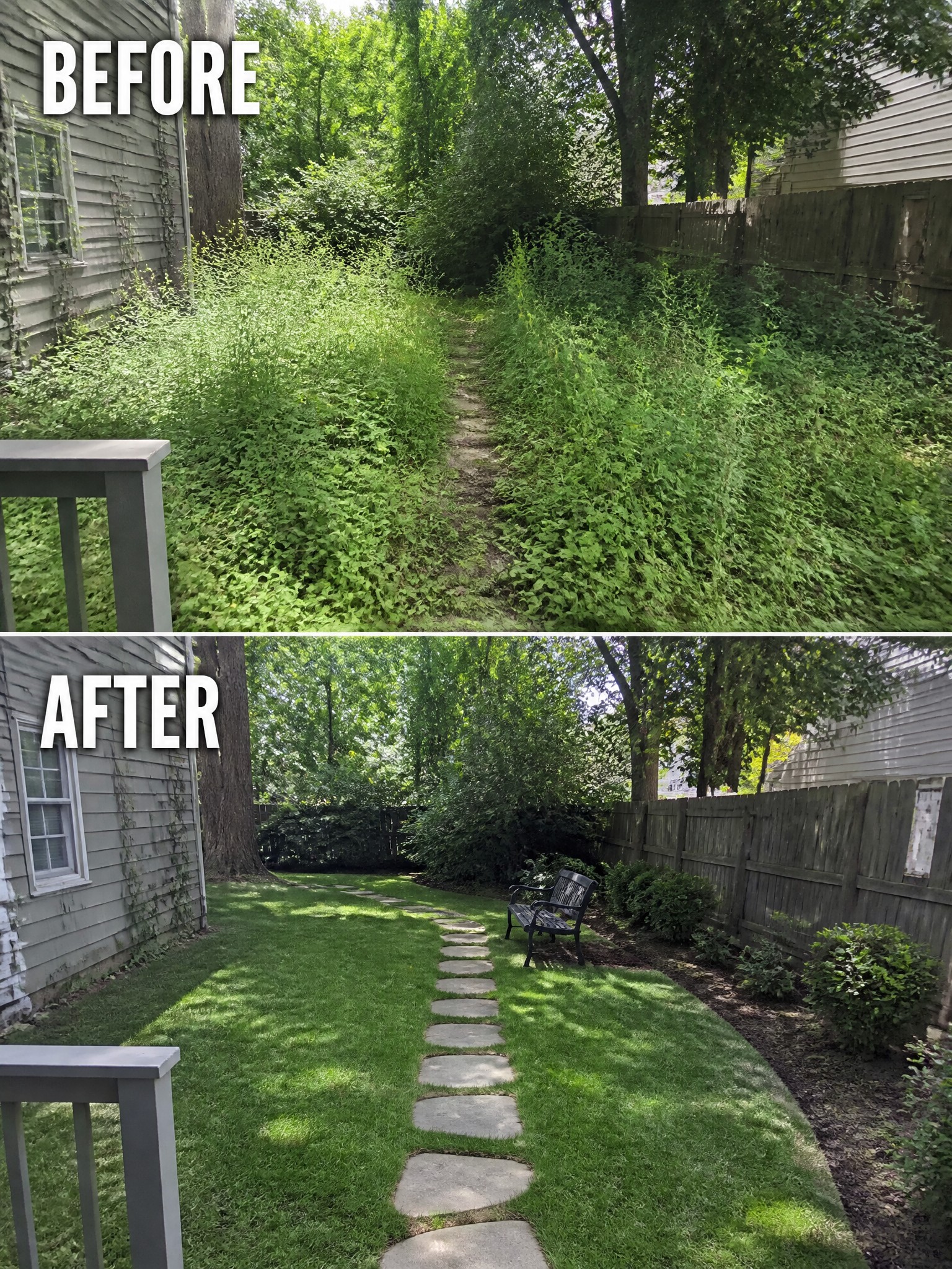 Before-and-after backyard transformation from overgrown weeds to mowed lawn with stone path and bench.