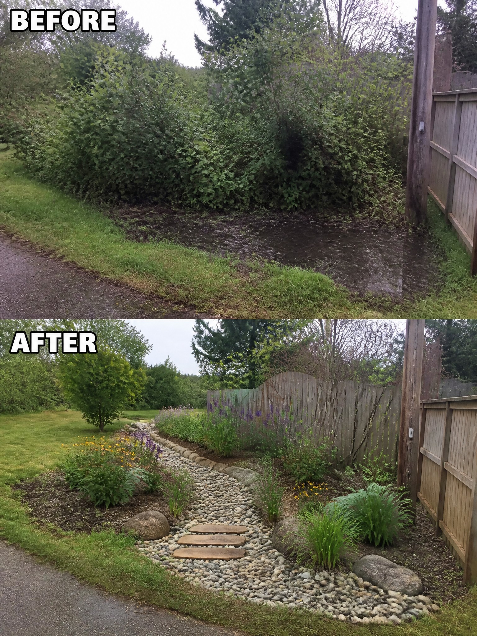 Before-and-after image of an overgrown side yard with standing water changed into a landscaped gravel path with stepping stones and garden beds.