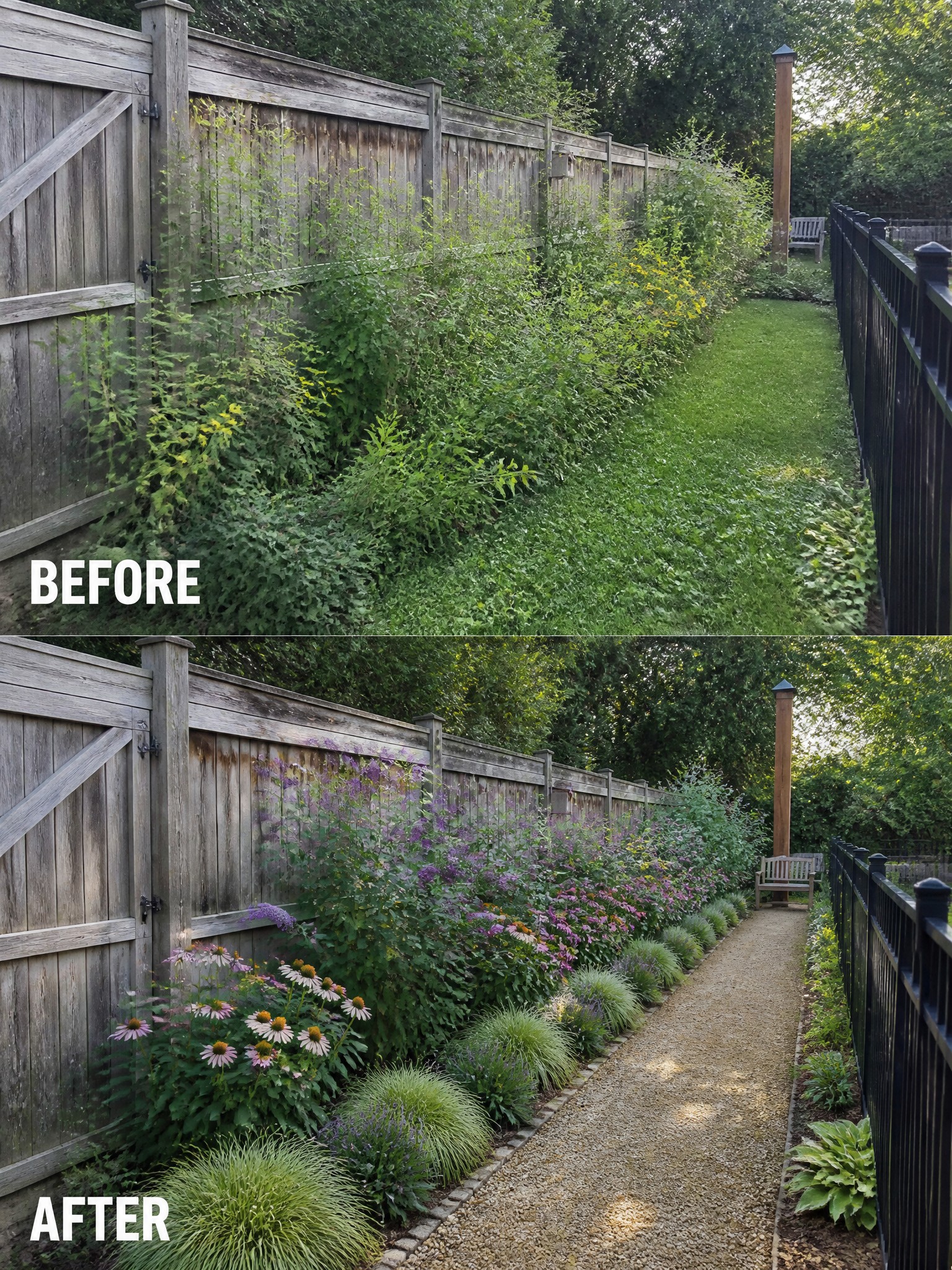 Before-and-after image of an overgrown garden border along a fence changed into structured planting beds with a gravel path.