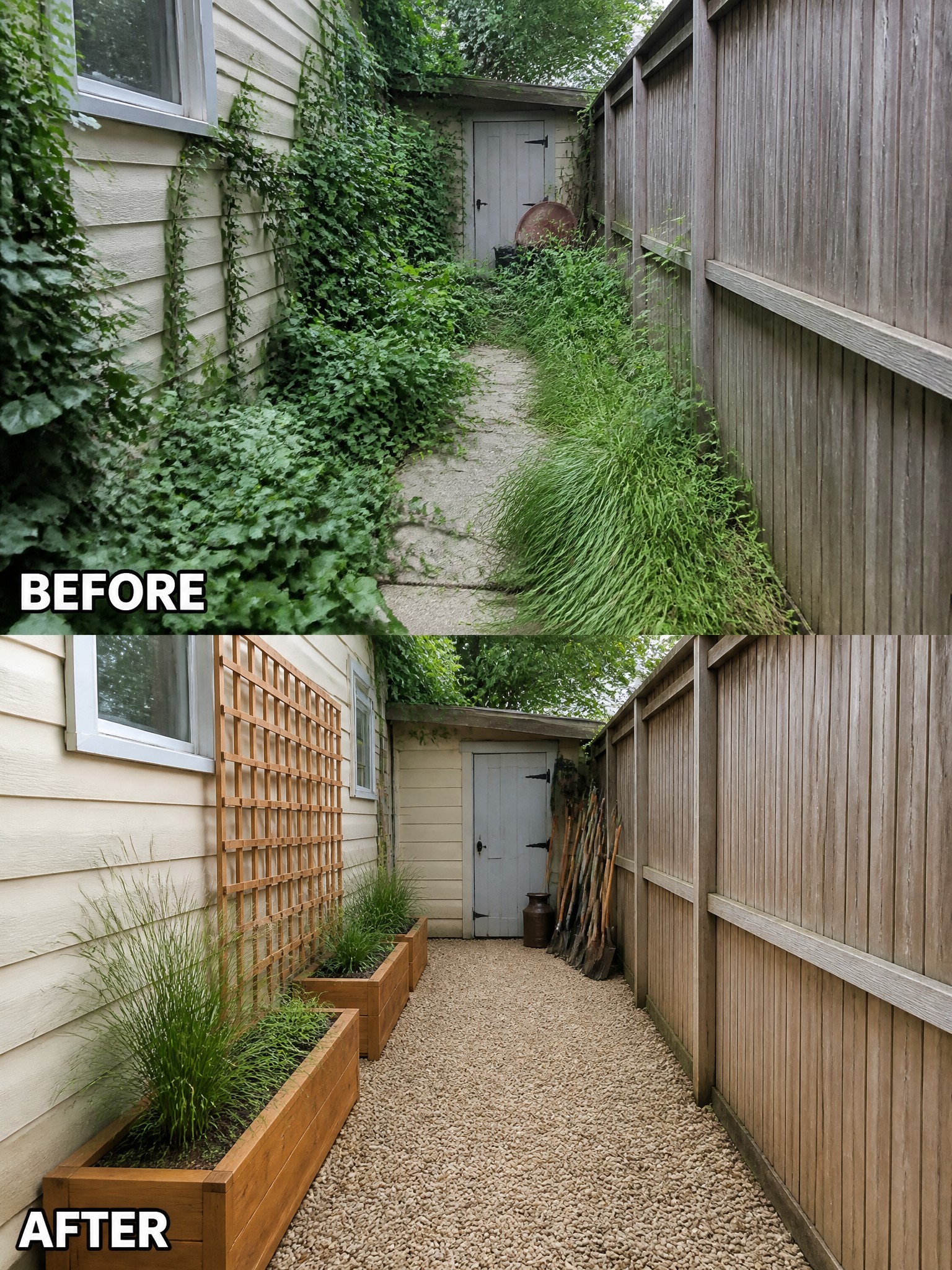 Before and after of overgrown side yard transformed into tidy gravel path with planters.