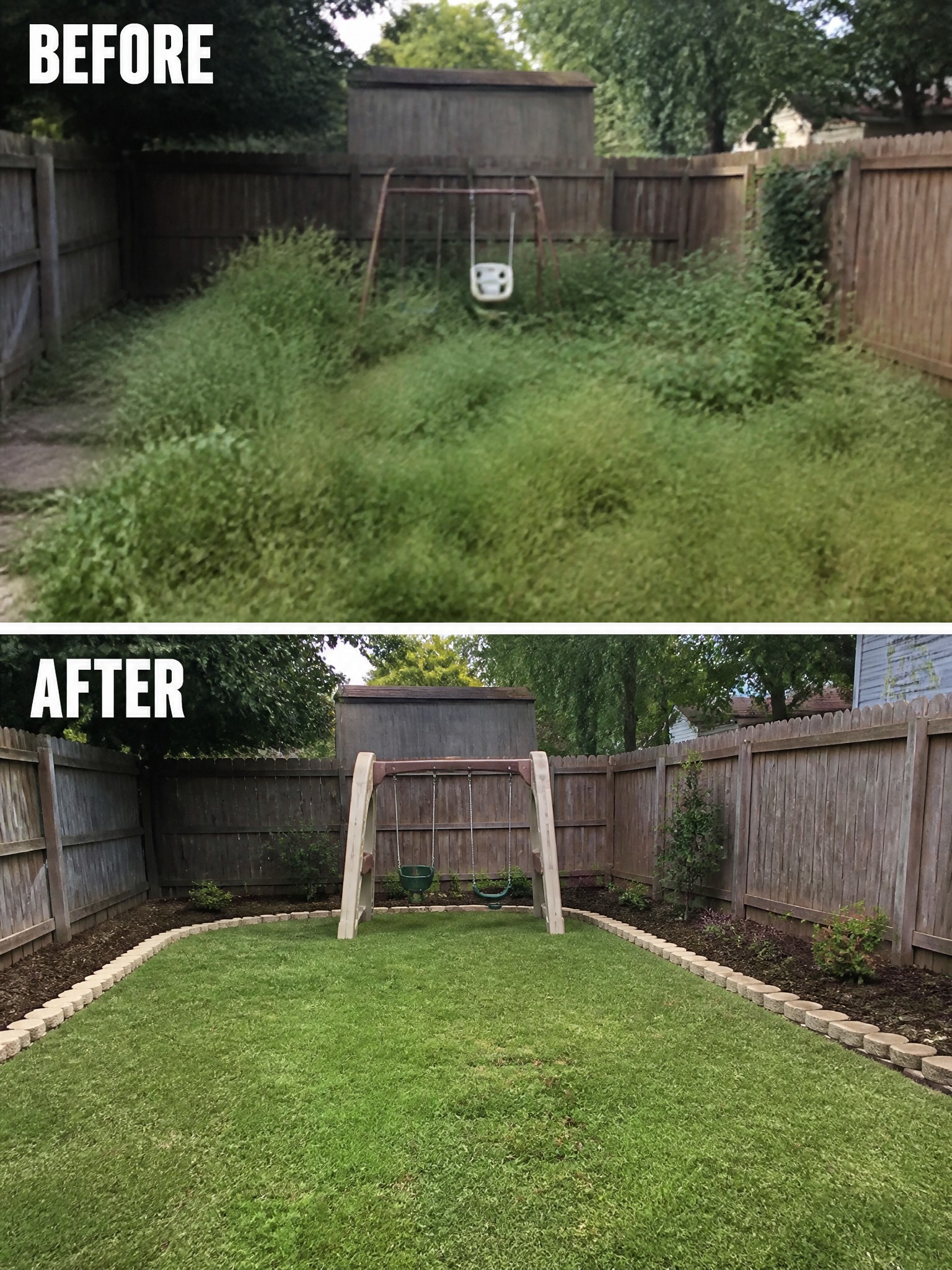 Before-and-after image of an overgrown backyard transformed into a clean lawn with defined borders and a swing set.