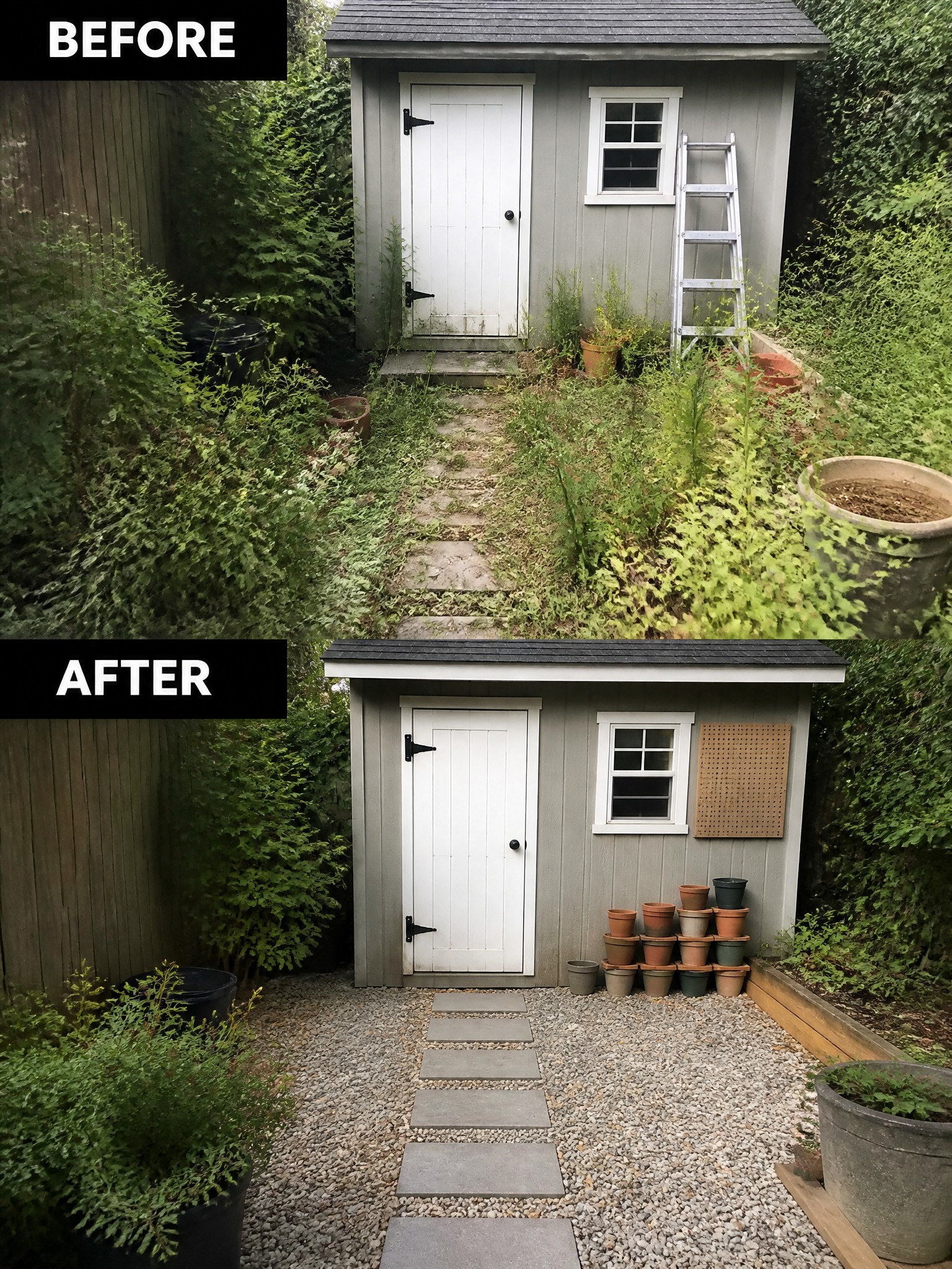 Before and after of overgrown shed transformed into tidy gravel garden with stacked pots