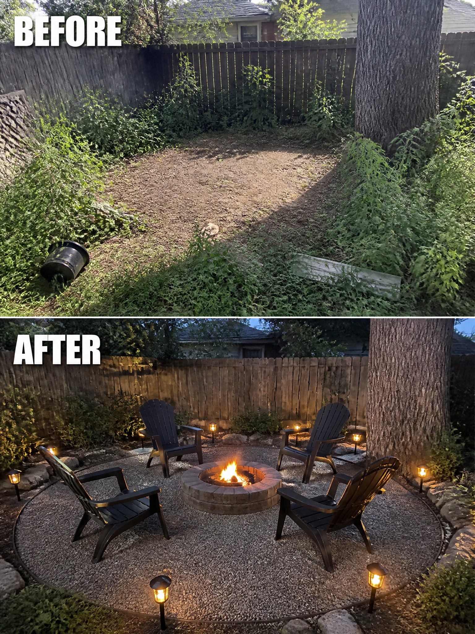 Before and after backyard fire pit with chairs, gravel, and solar lights