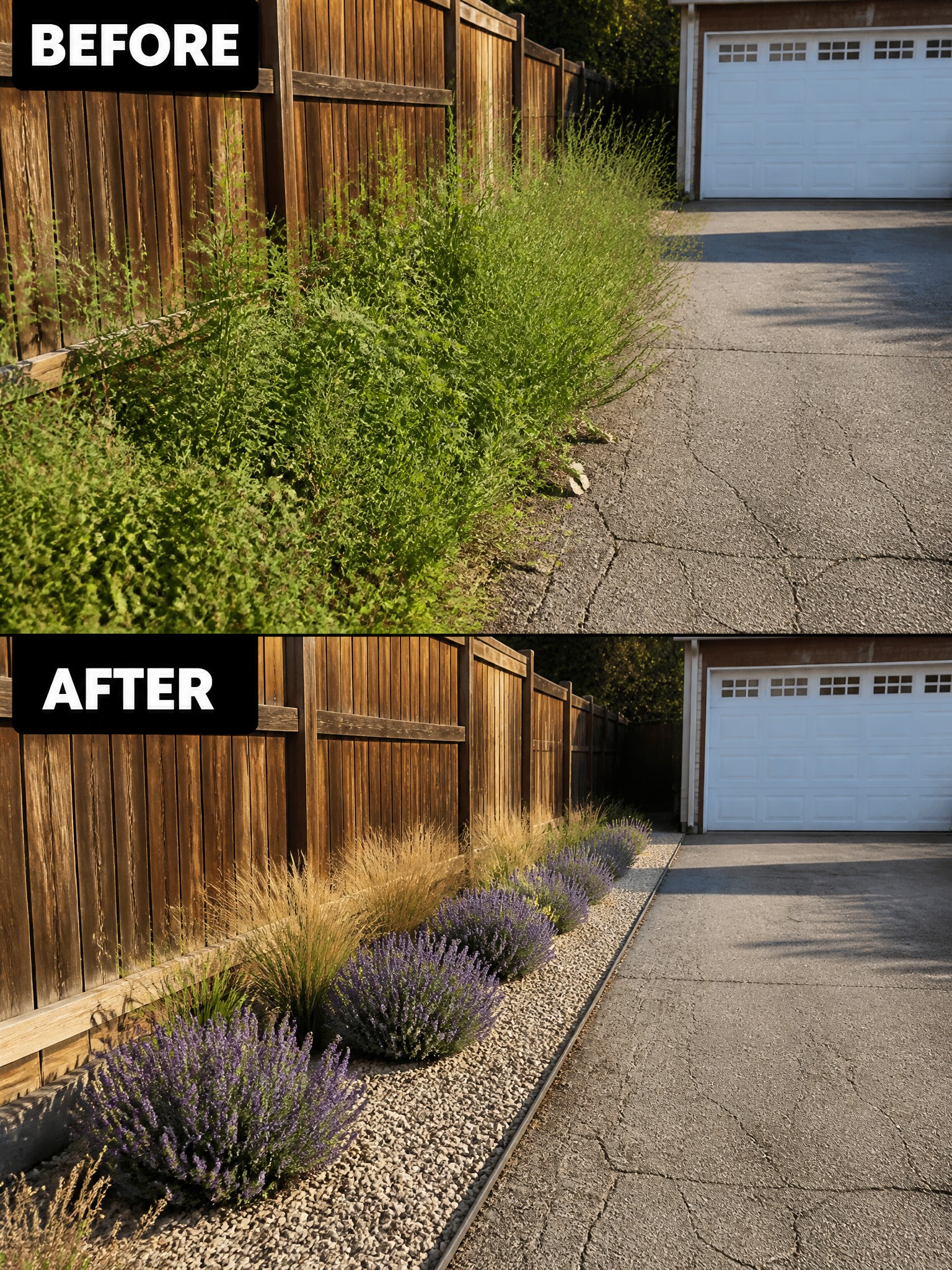Before-and-after image of an overgrown yard border along a fence changed into a neat gravel bed planted with ornamental grasses and lavender.