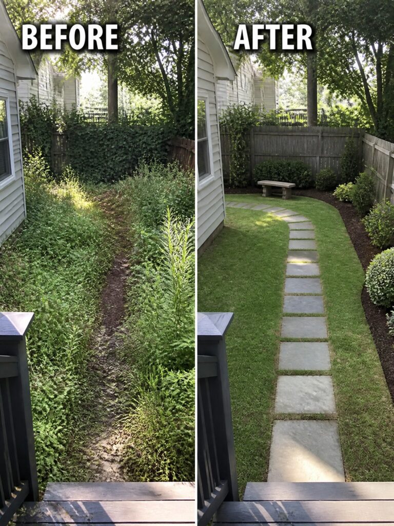 19 Practical Overgrown Yard Remodel Ideas for A More Usable Space Before-and-after backyard transformation from overgrown weeds to mowed lawn with stone path and bench.