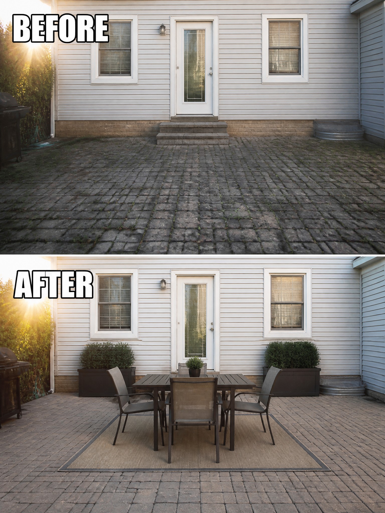 Before-and-after image of an empty brick patio changed into an outdoor dining area with a rug, table and chairs, and planters.