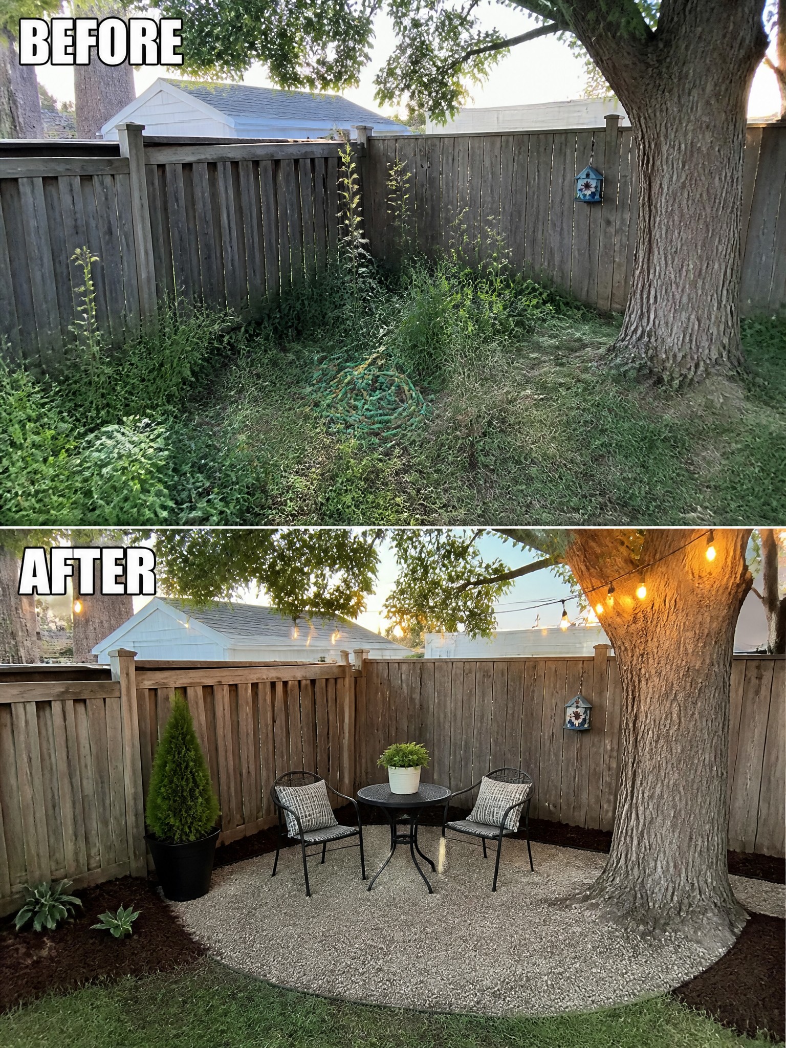 Before and after backyard makeover: overgrown weeds to gravel patio with seating