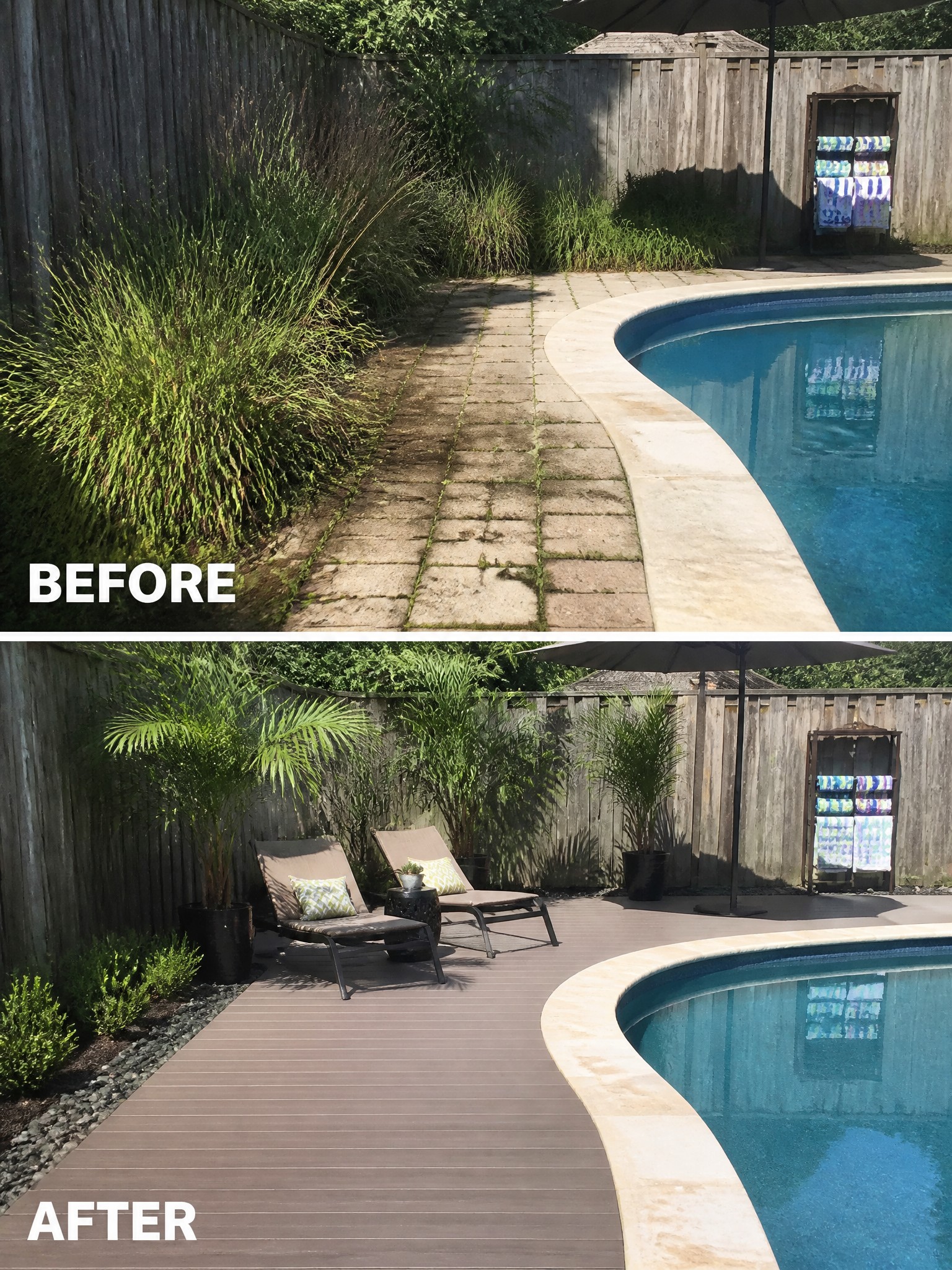 Before and after views of backyard pool area, overgrown path replaced by deck with chairs.