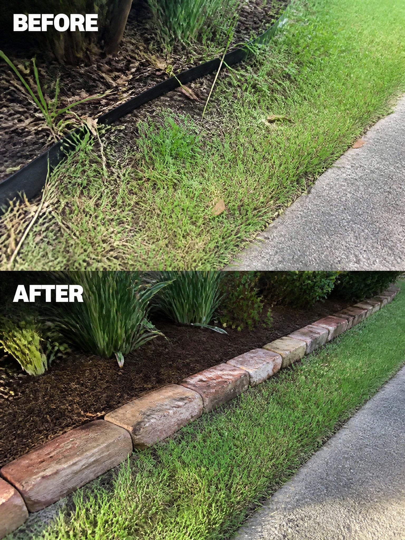 Before-and-after image of an overgrown garden edge with plastic edging changed to a clean brick border, mulch, and structured planting.