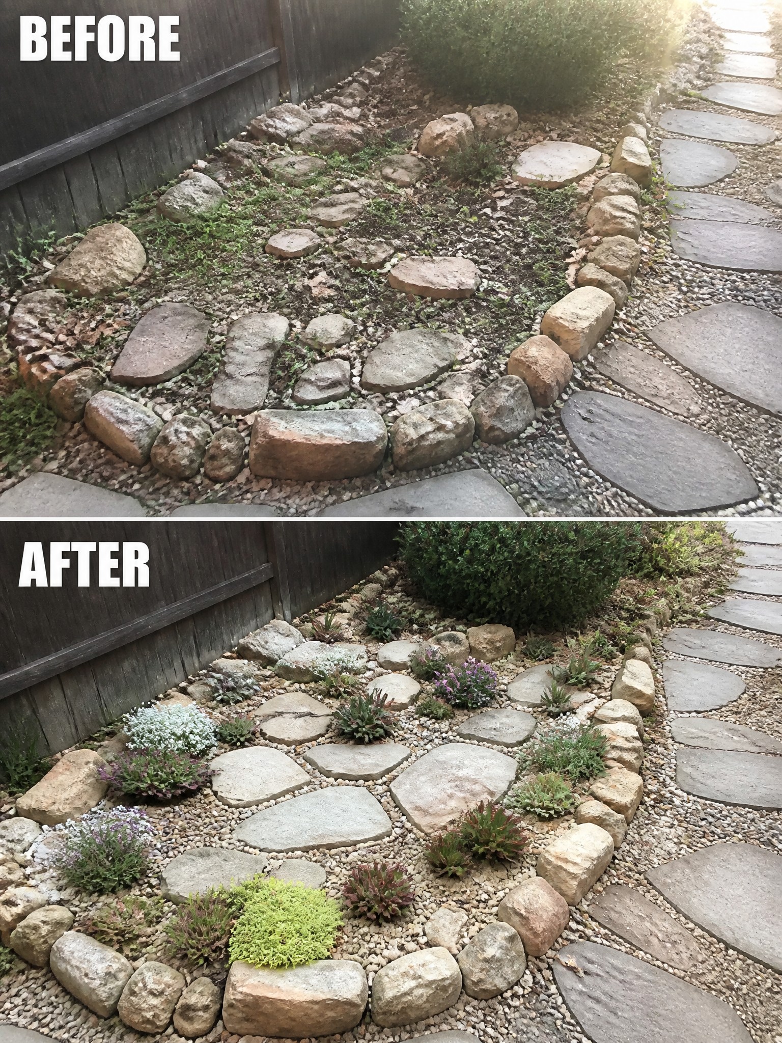 Before-and-after image of a neglected garden area with scattered rocks and weeds changed into a structured flower bed with stone borders, gravel, and planted perennials.