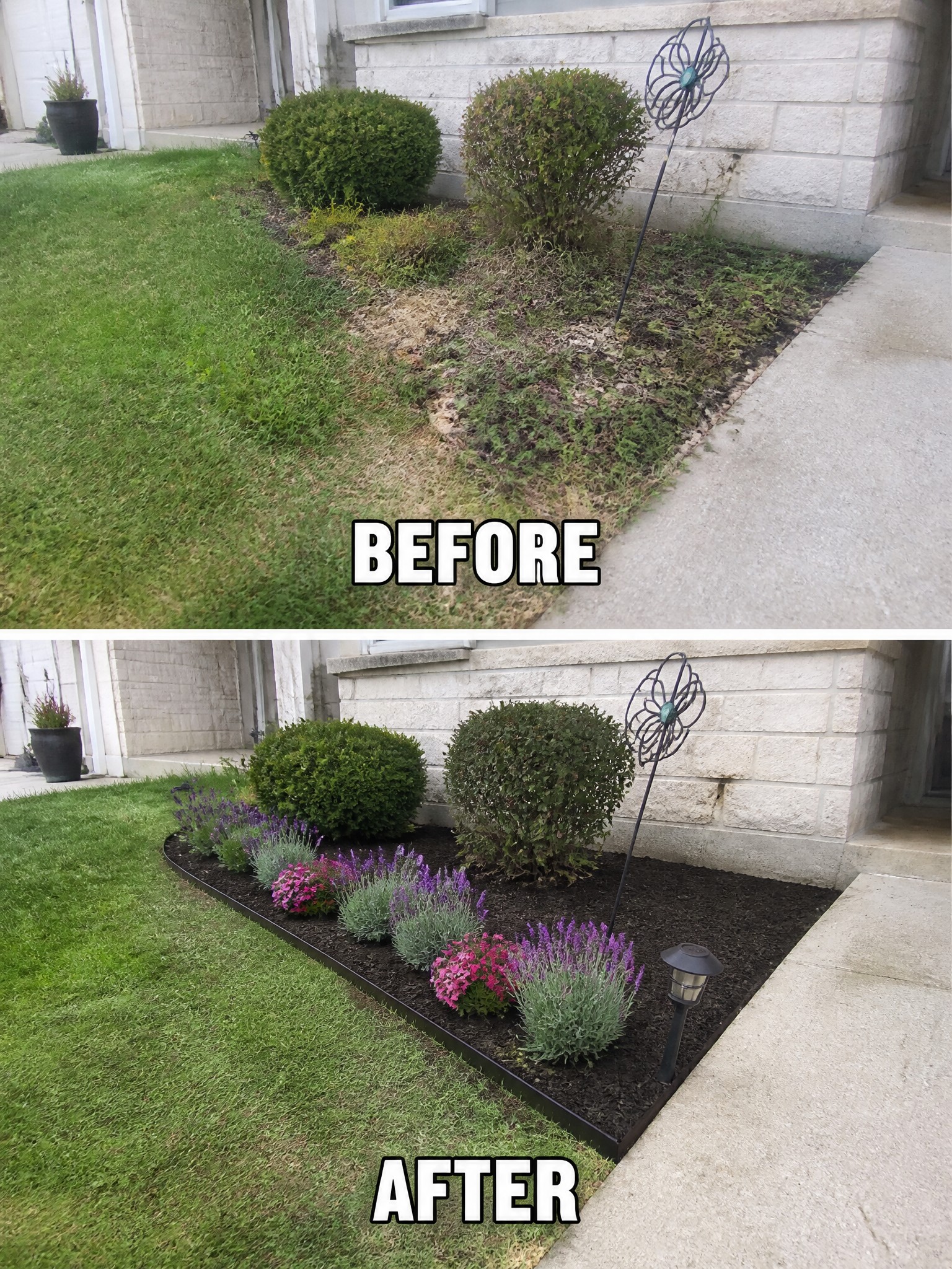 Before and after of weedy lawn transformed into mulched flower bed with plants.