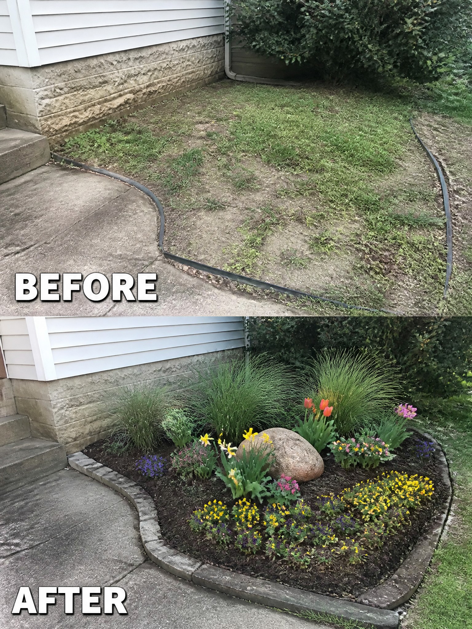 Before and after of bare yard transformed into colorful flower garden with rock border