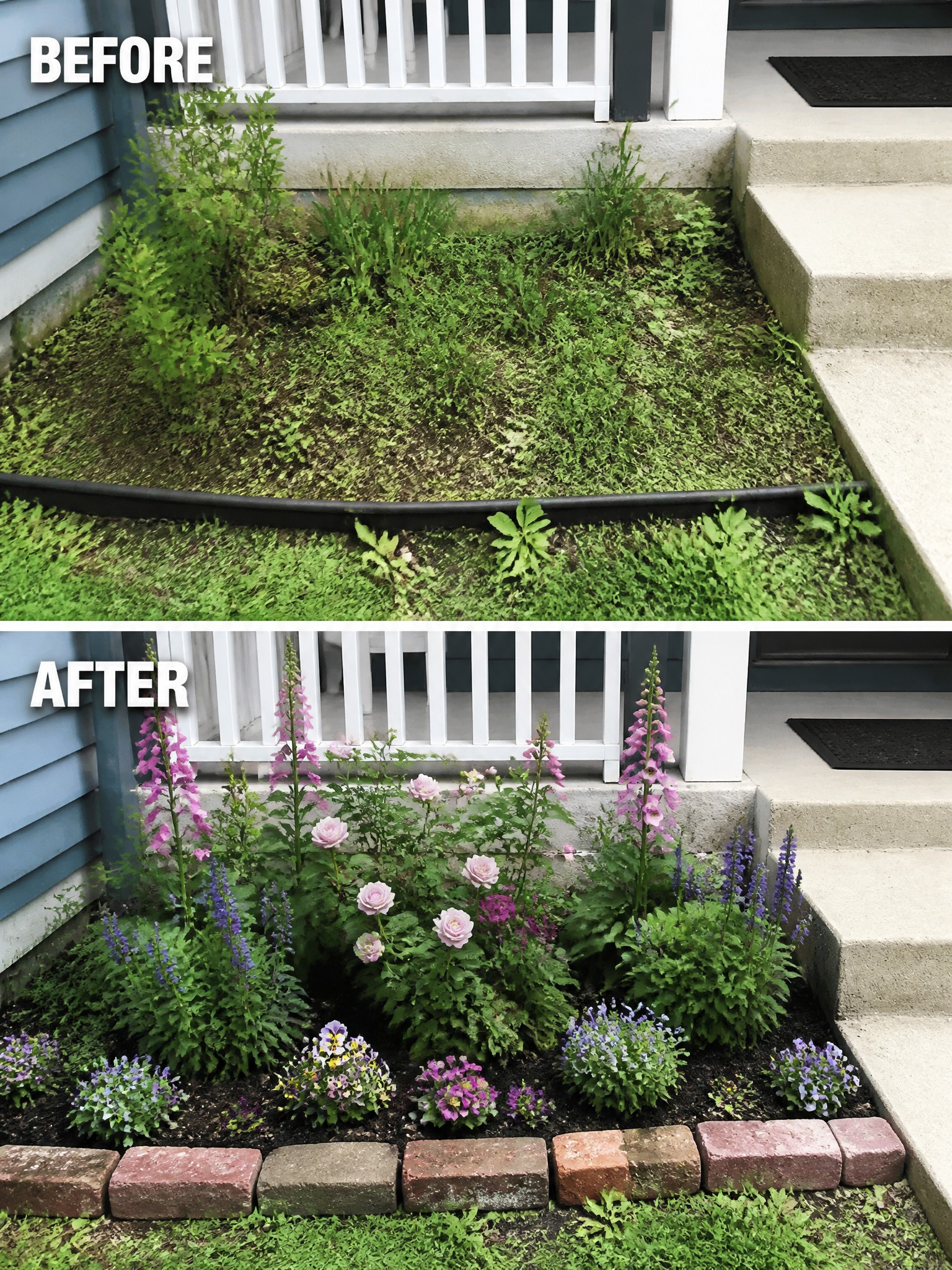 Before and after of weedy garden bed transformed into colorful flower garden with brick edging.