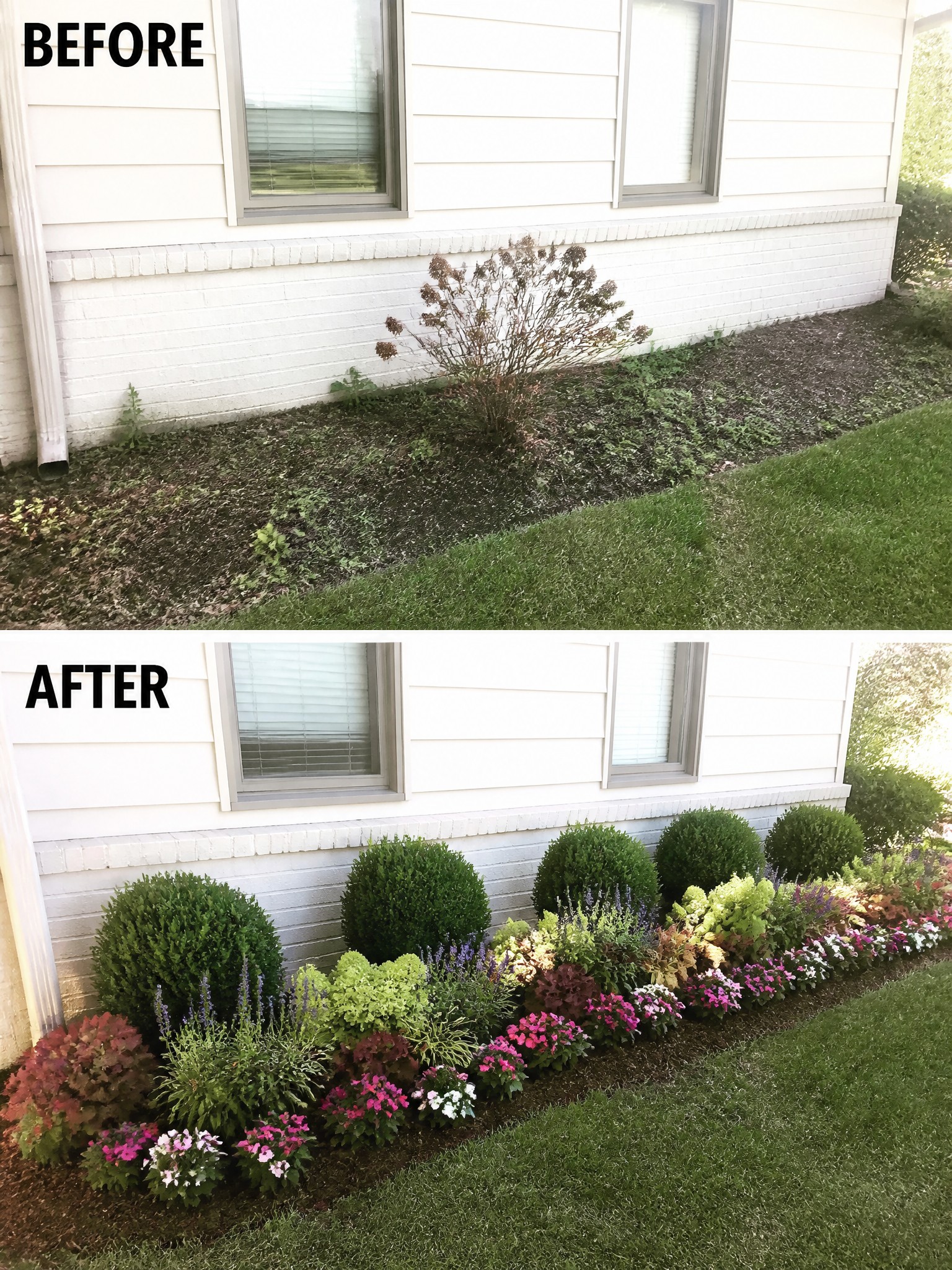 Before-and-after image of a weedy foundation bed along a house changed into a structured garden border with shrubs and flowers.