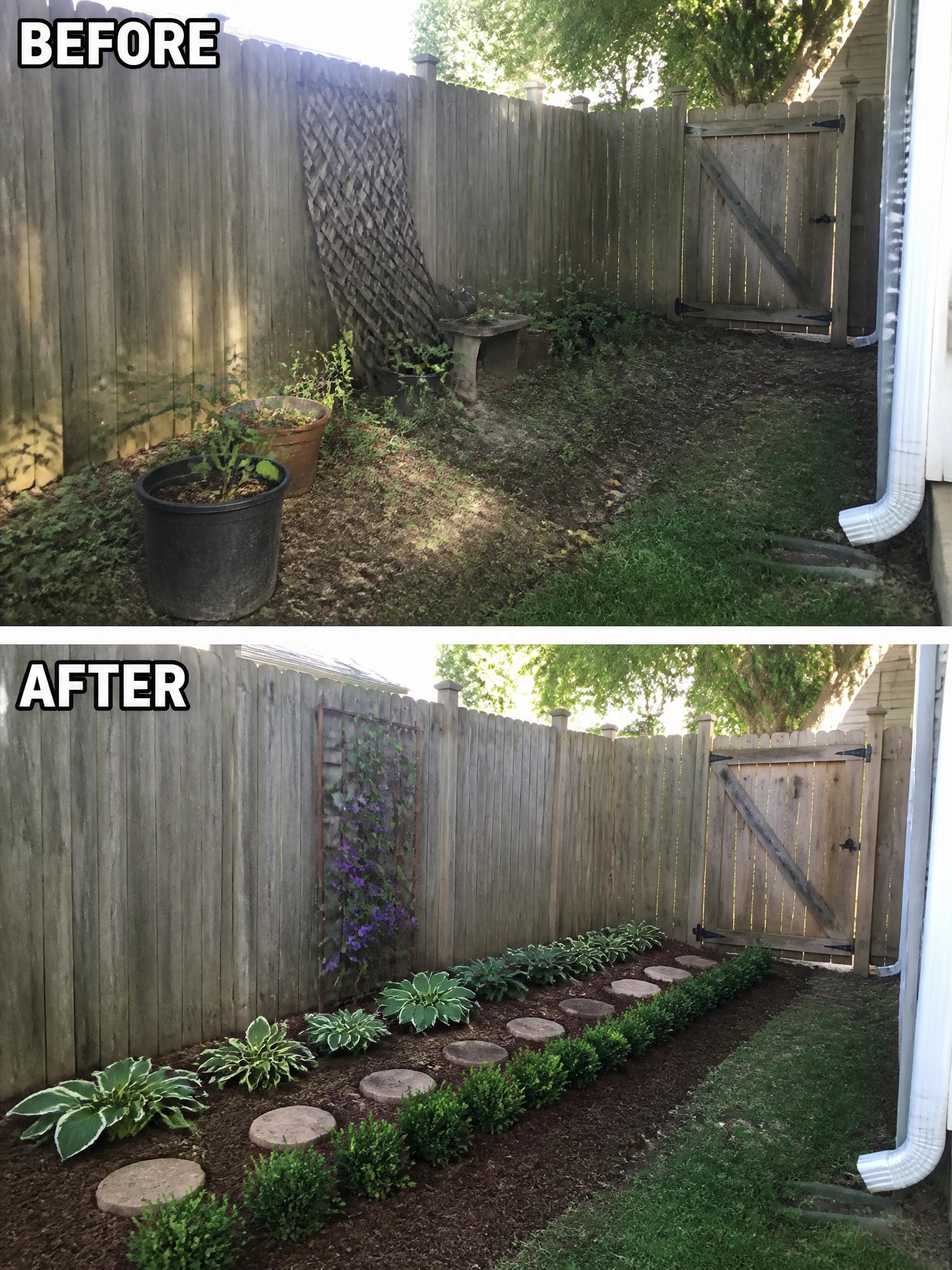 Before and after of backyard garden makeover with plants, mulch, and stepping stones.