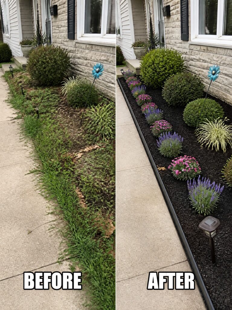 Before and after of weedy lawn transformed into mulched flower bed with plants.