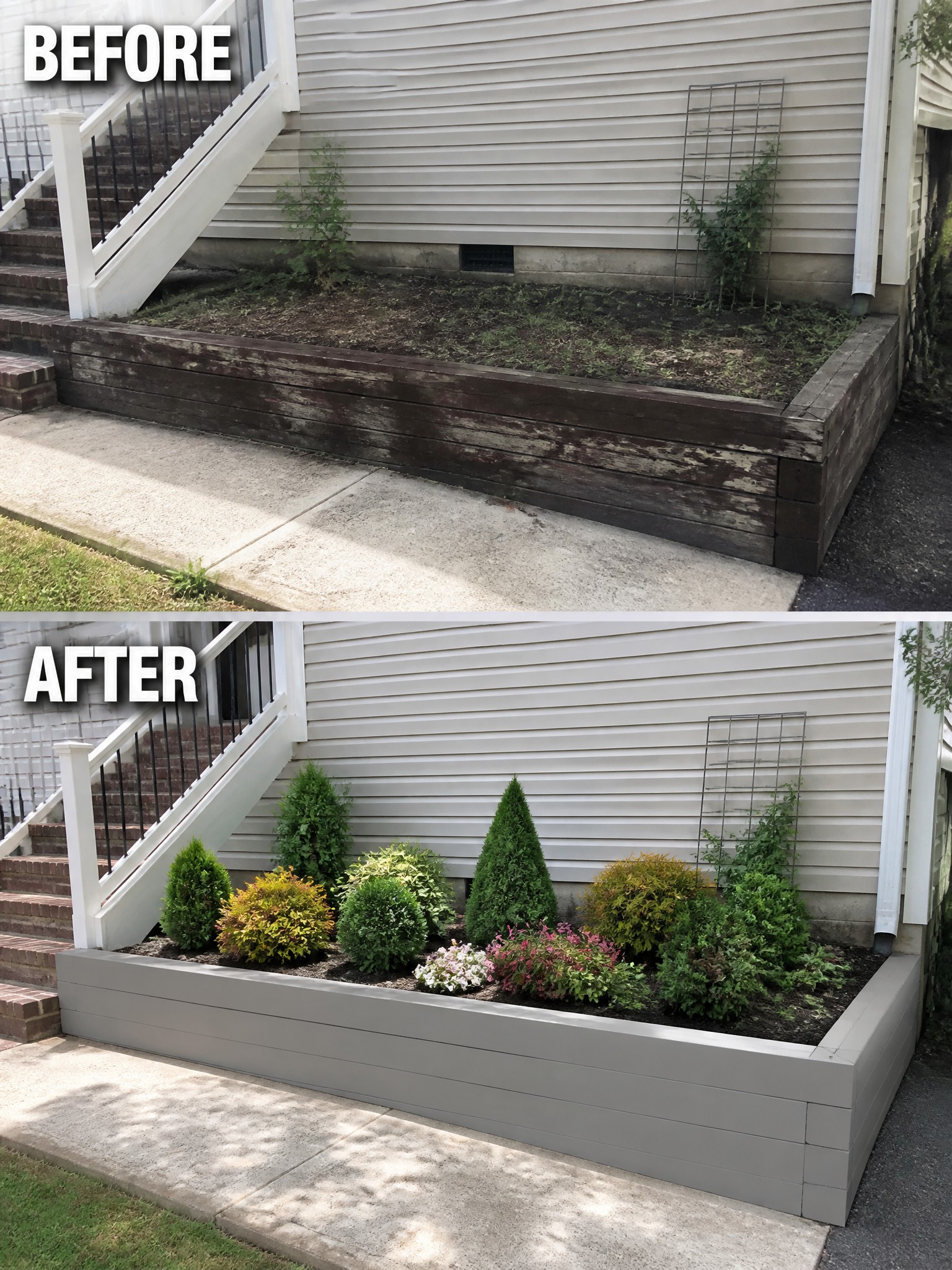 Before-and-after image of a neglected raised flower bed updated with painted borders and organized shrubs and flowers.