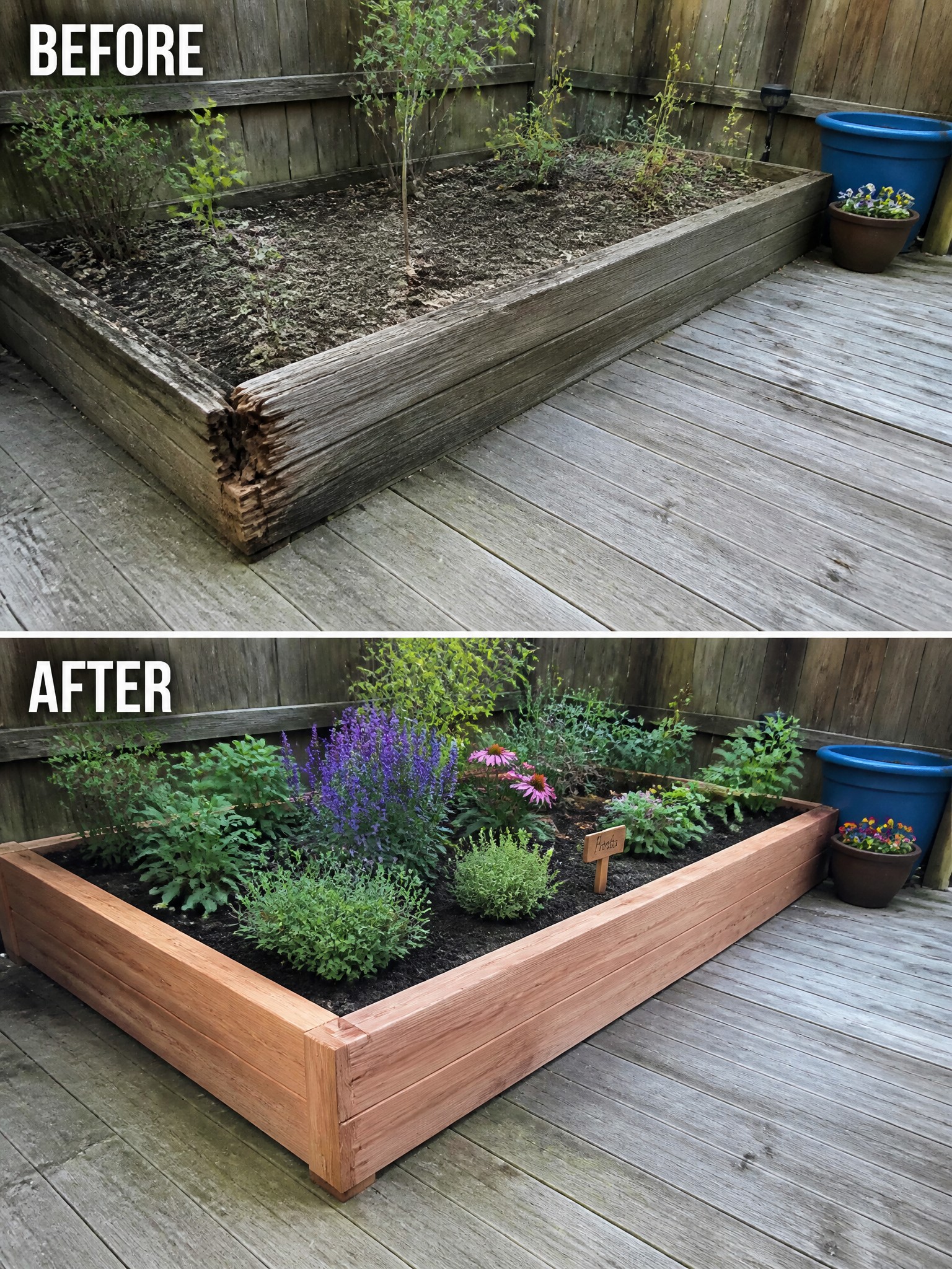 Before-and-after image of a weathered raised garden bed on a deck updated with new wood and dense flowering plants.