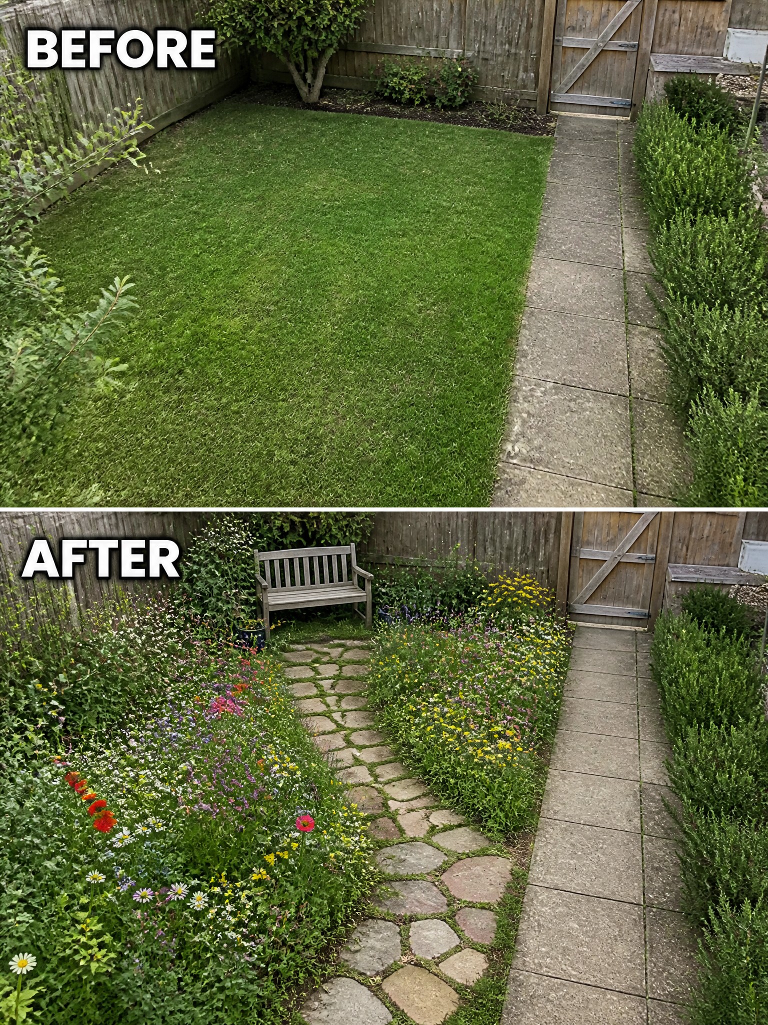 Garden before and after: lawn replaced by colorful wildflowers, stone path, and bench
