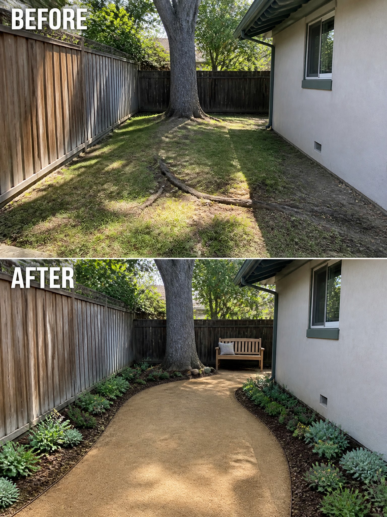 Before-and-after image of a patchy backyard lawn changed into a space with a gravel path, planted borders, and a bench.