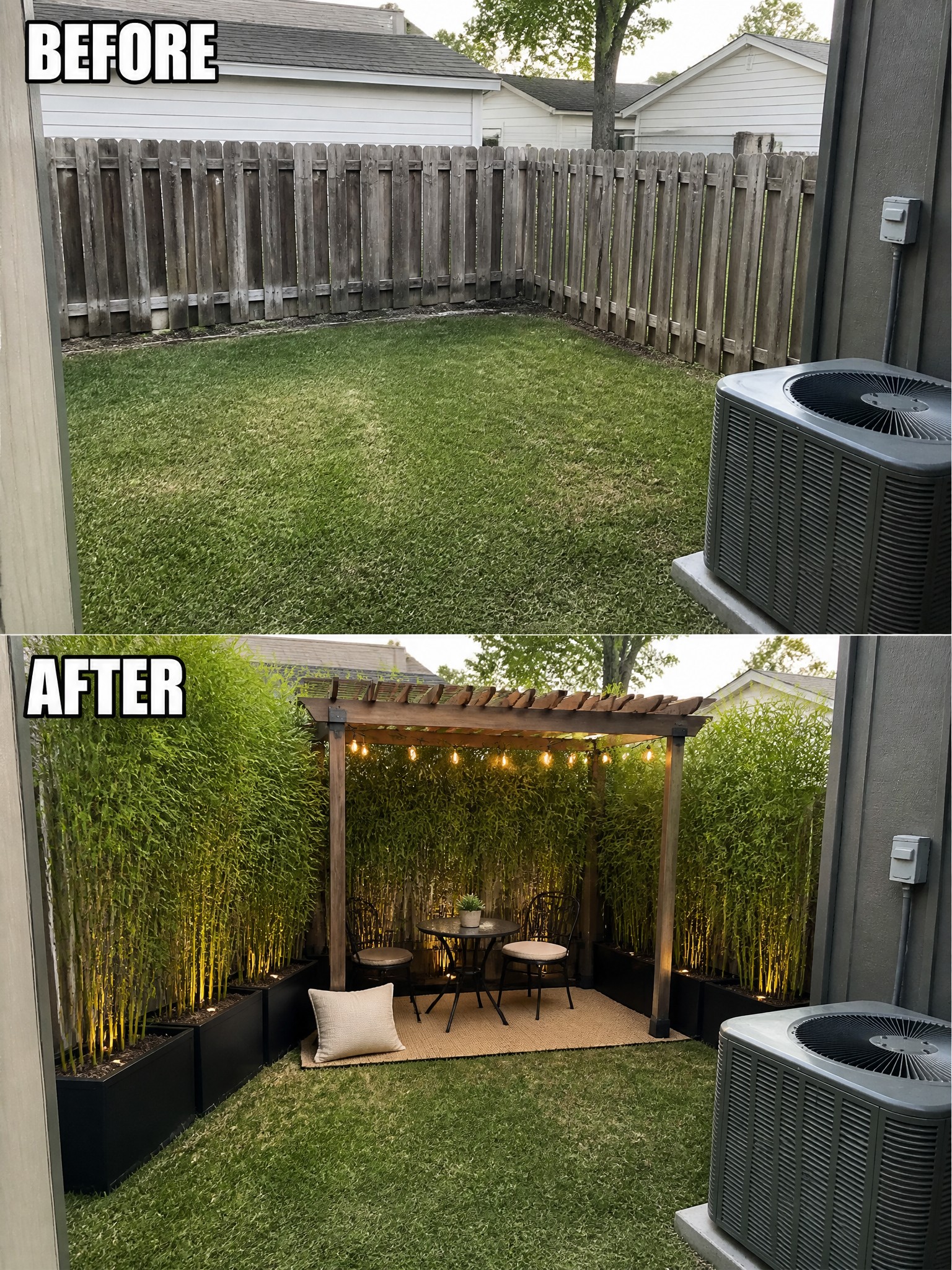 Before-and-after backyard: bare lawn above, pergola with lights and bamboo planters below