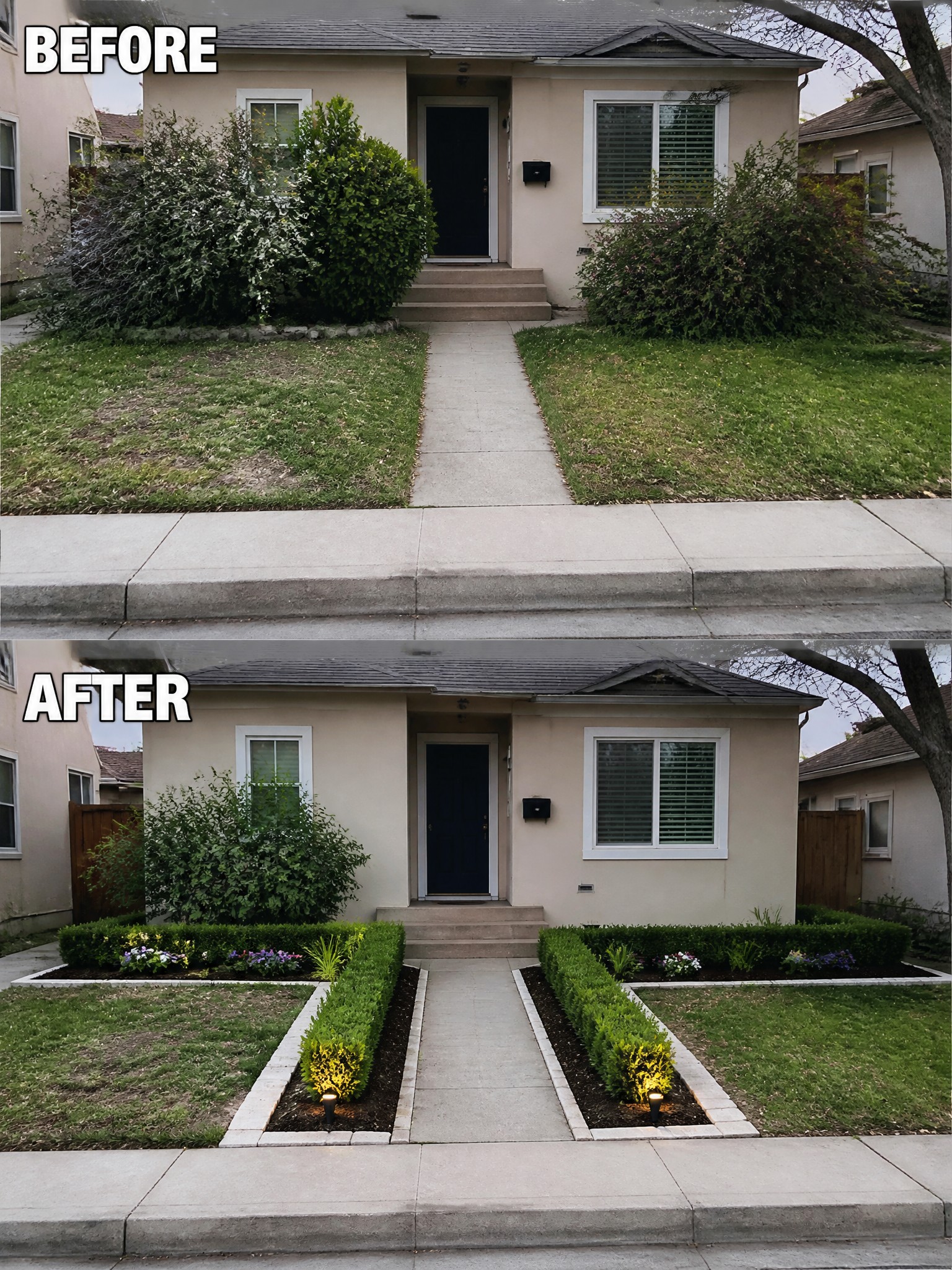 Before-and-after image of a front yard where overgrown side shrubs were replaced with rectangular garden beds, low hedges, flowers, and edging along the walkway.