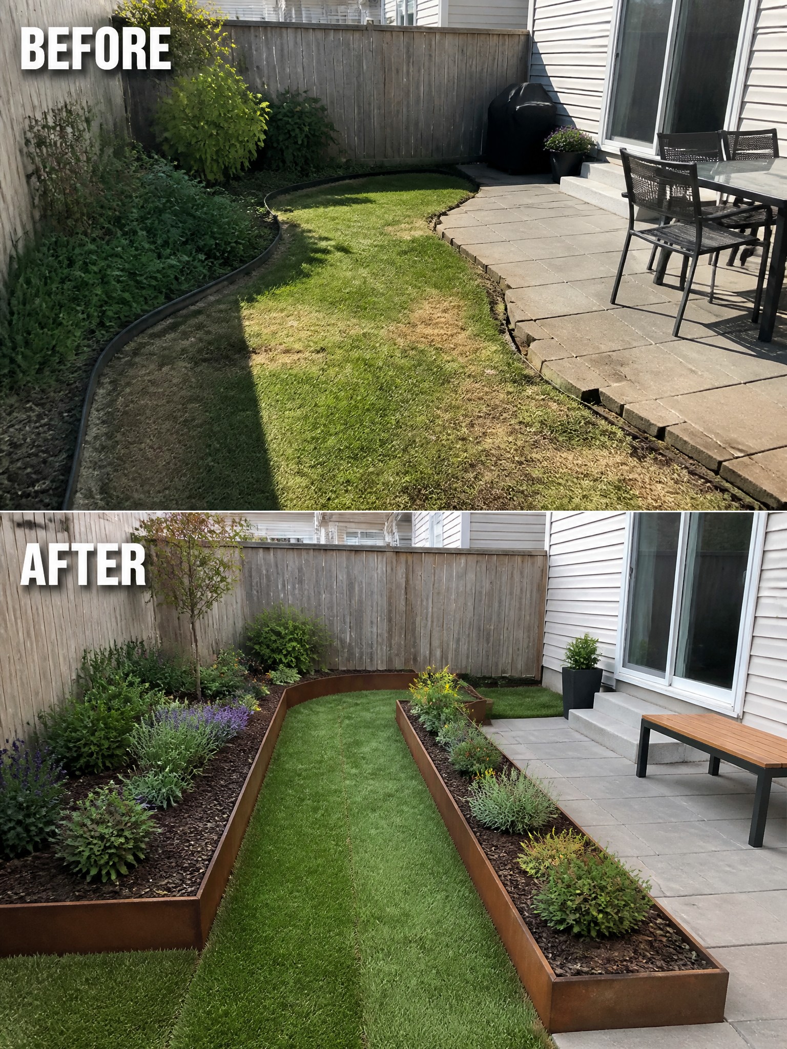 Before and after backyard with curved metal garden beds and patio area