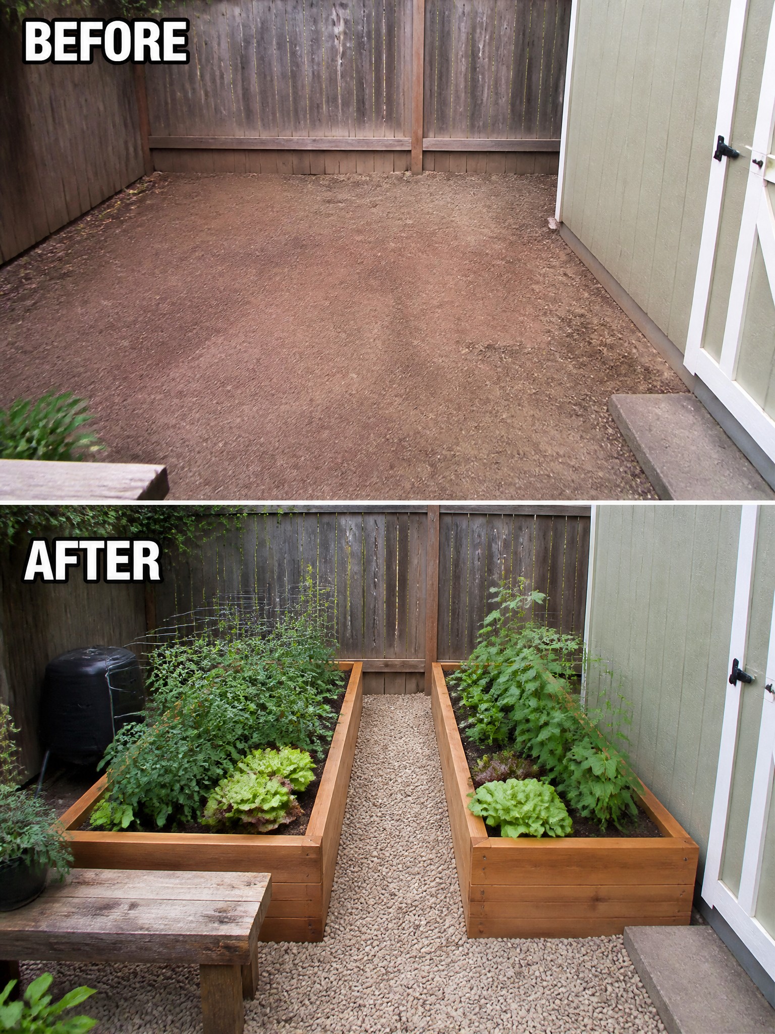Before and after of empty dirt yard transformed into raised garden beds with plants