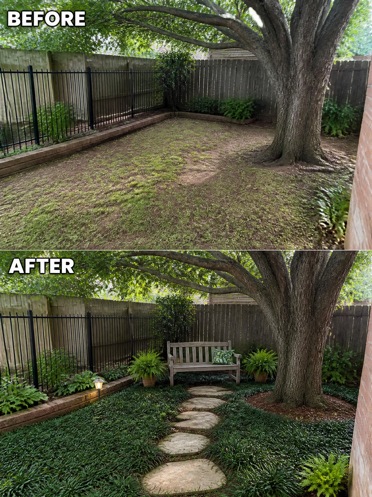 Before-and-after image of an overgrown backyard changed into a landscaped space with garden beds, a stone path, and a bench.
