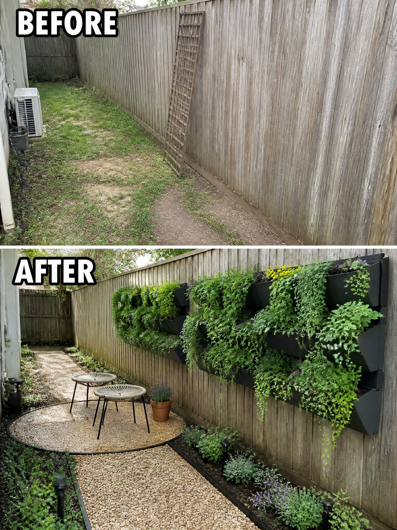 Before and after backyard fence with vertical garden planters and gravel seating area