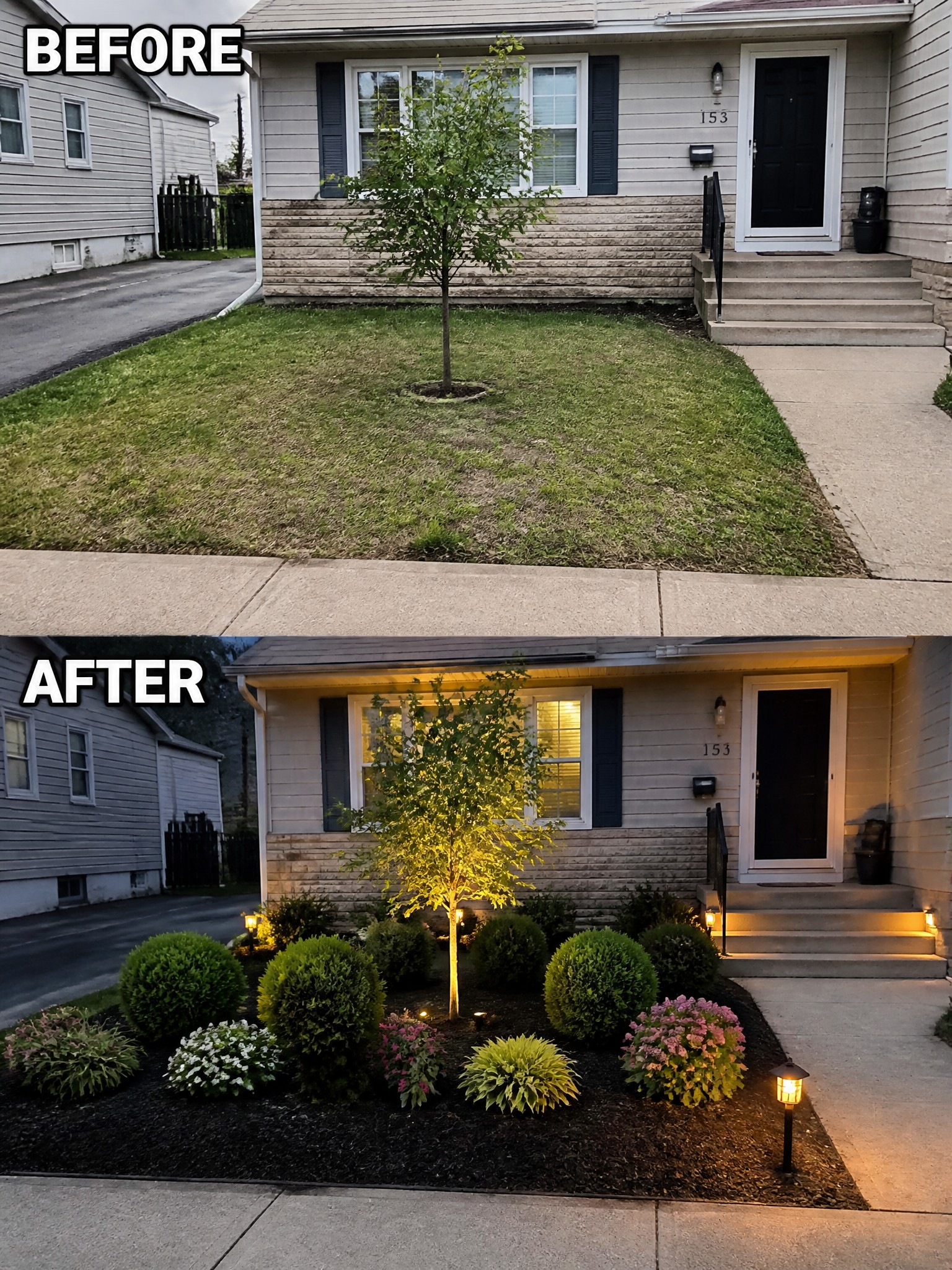 Before and after of house front yard with added landscaping, bushes, flowers and lights.
