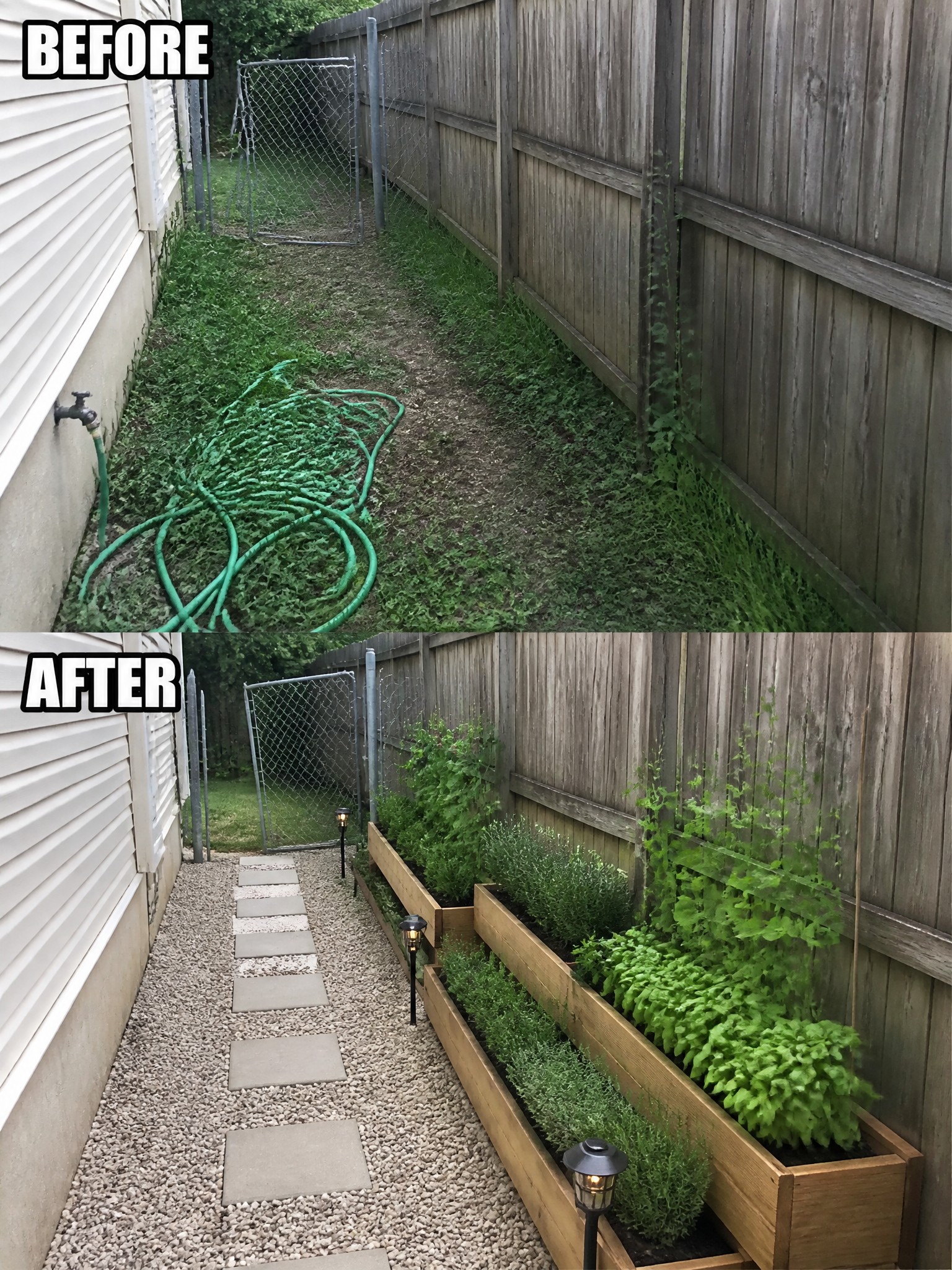 Before-and-after image of an overgrown side yard transformed into a gravel path with stepping stones and raised garden beds along the fence.
