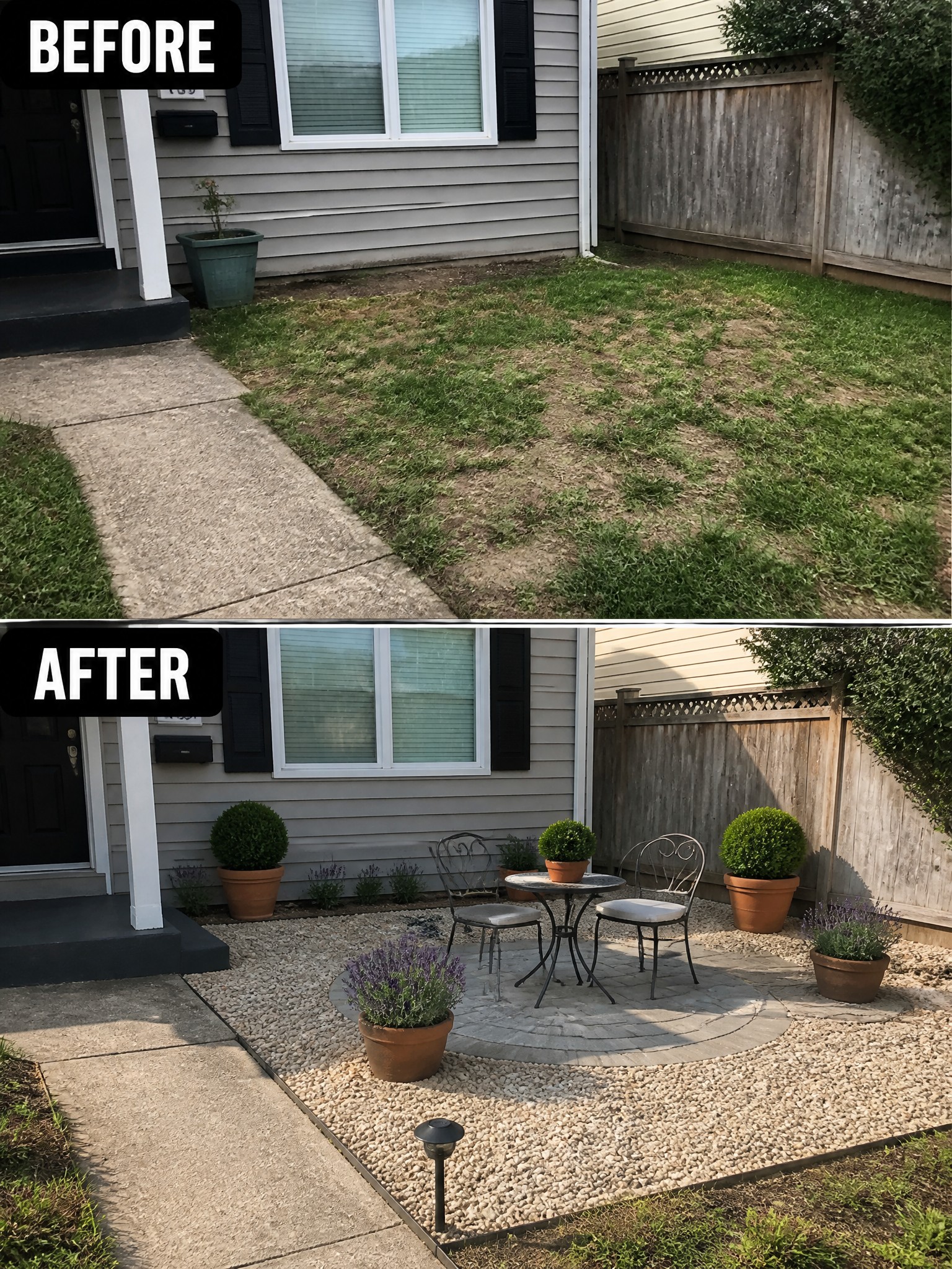 Before and after backyard transformation from patchy lawn to gravel patio with seating.