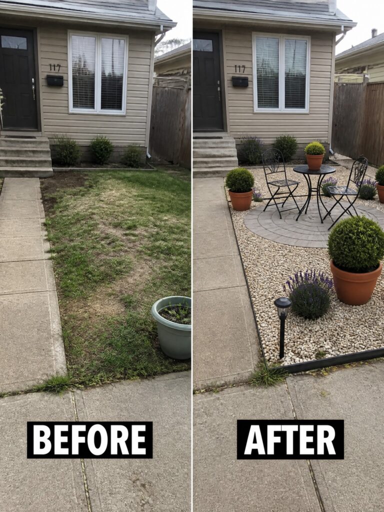 20 Small Lawn Before and After Ideas for Compact Yards Before and after backyard transformation from patchy lawn to gravel patio with seating.