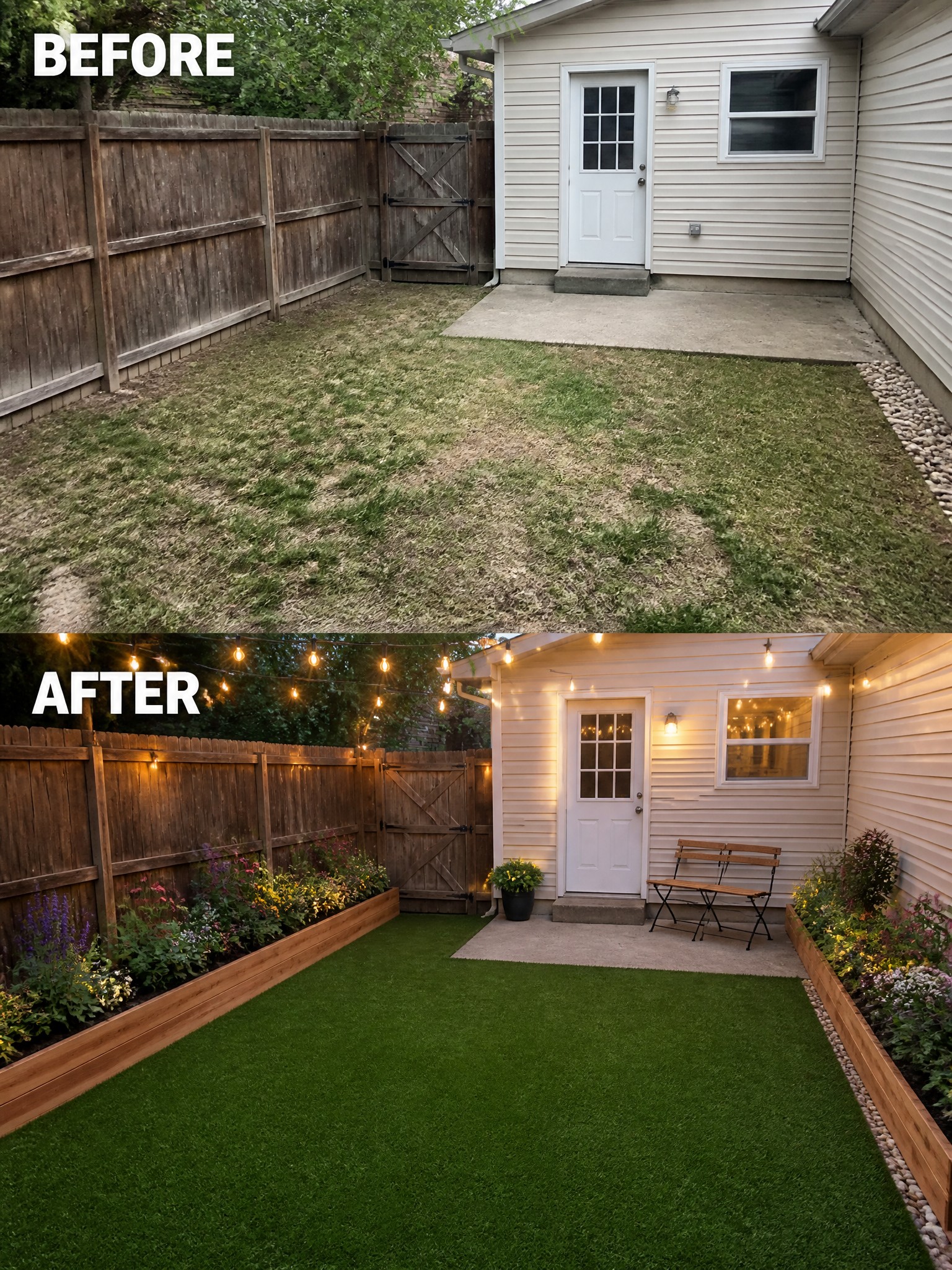 Before-and-after image of a patchy backyard lawn transformed into a clean turf surface with wooden raised garden beds along the fence.