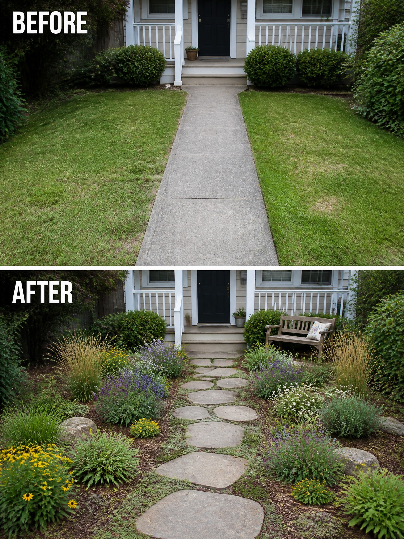 Before-and-after image of a front yard where a straight concrete walkway was replaced with stepping stones and planted garden borders.