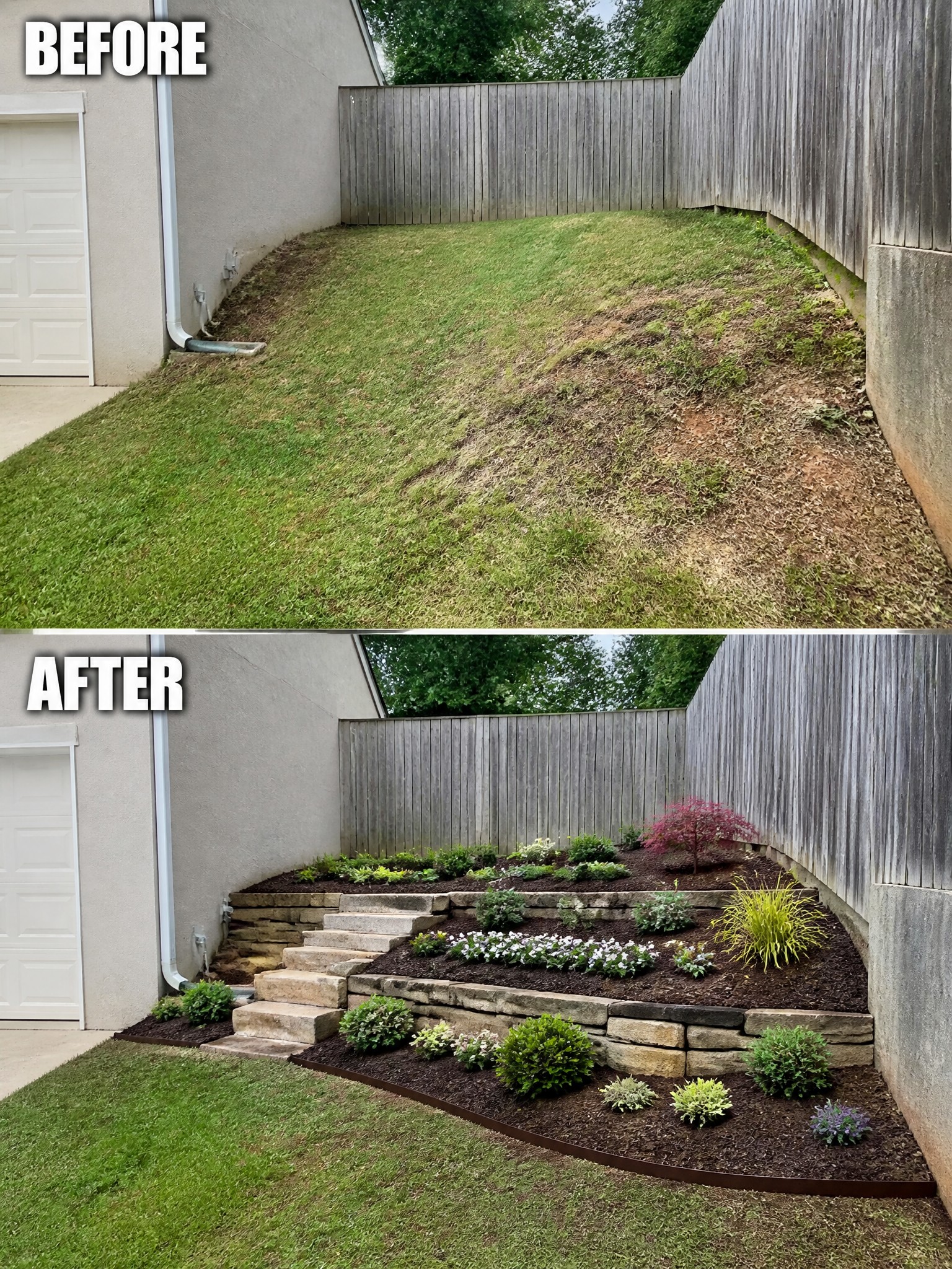 Before-and-after image of a sloped backyard lawn changed into terraced garden beds with stone retaining walls, mulch, steps, and planted borders.