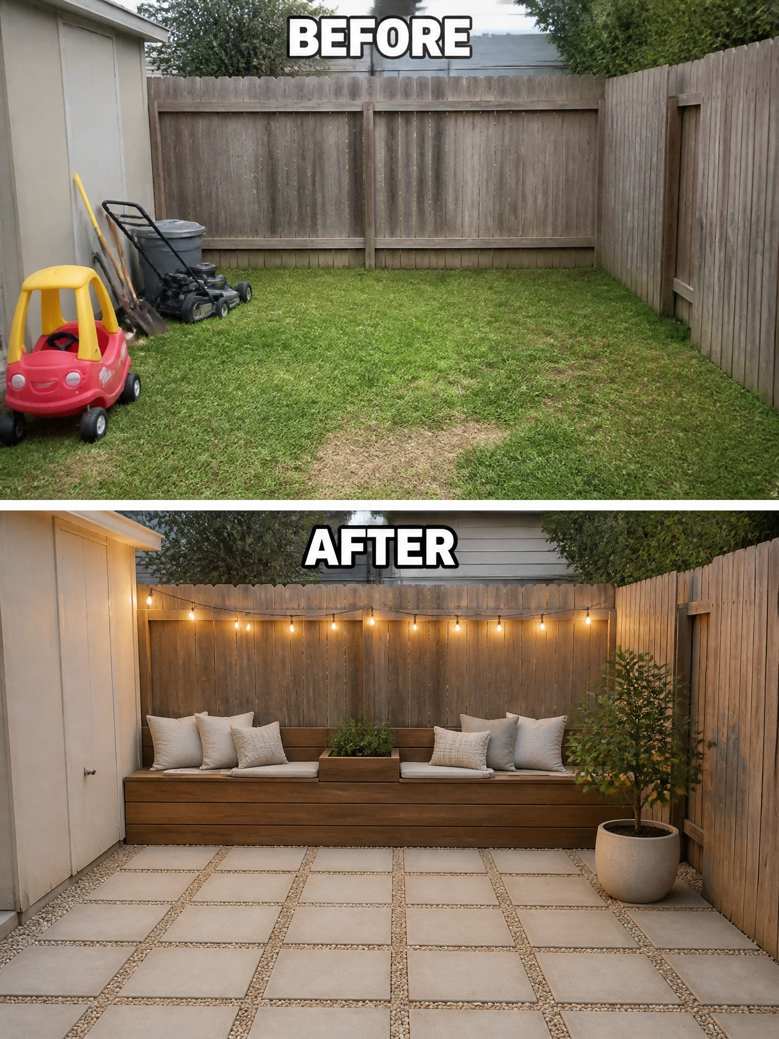 Before and after backyard makeover from grassy yard to paved patio with bench and lights