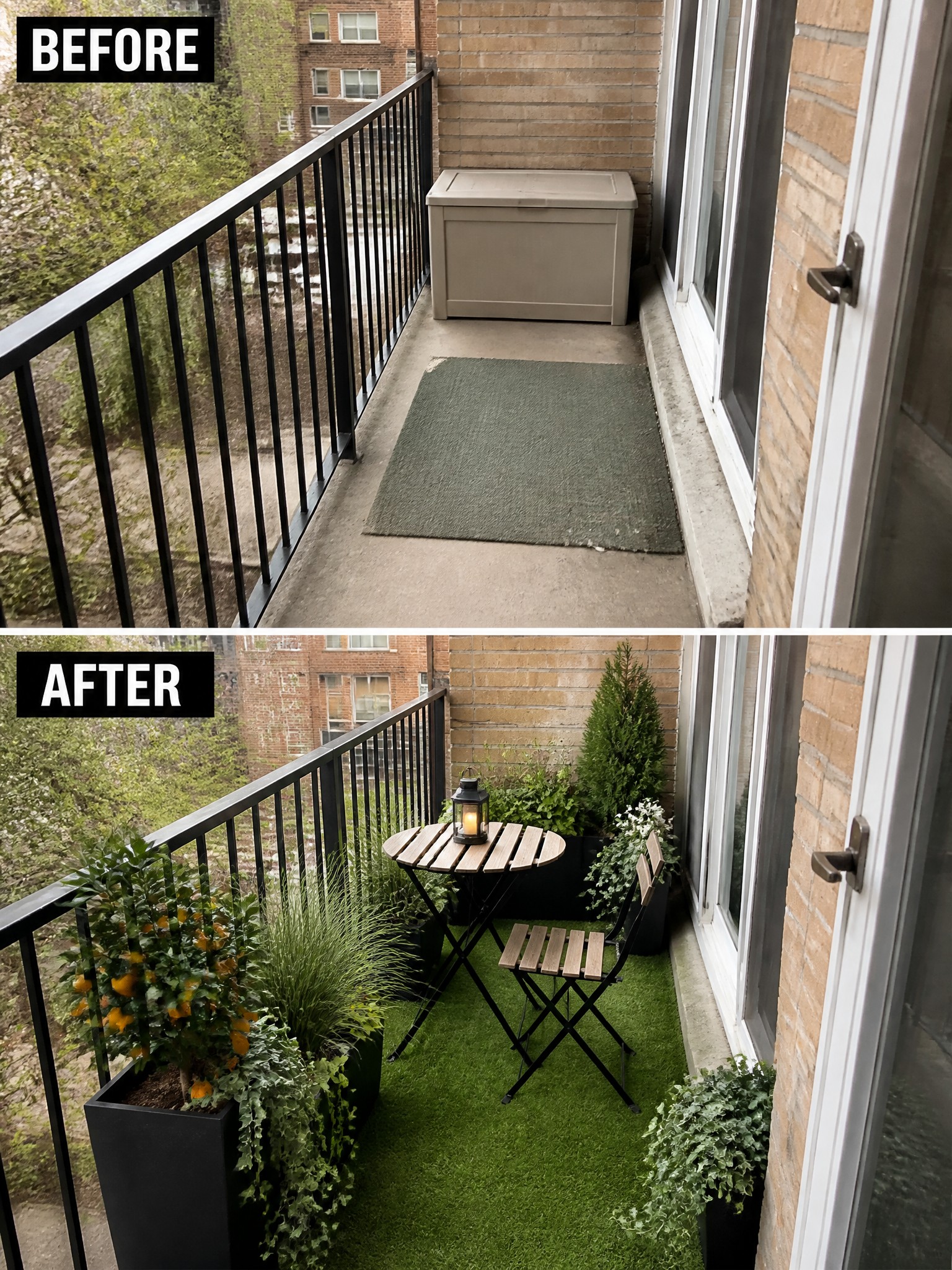 Before-and-after image of a plain concrete balcony changed into a furnished seating area with artificial turf, potted plants, and a small bistro table set.
