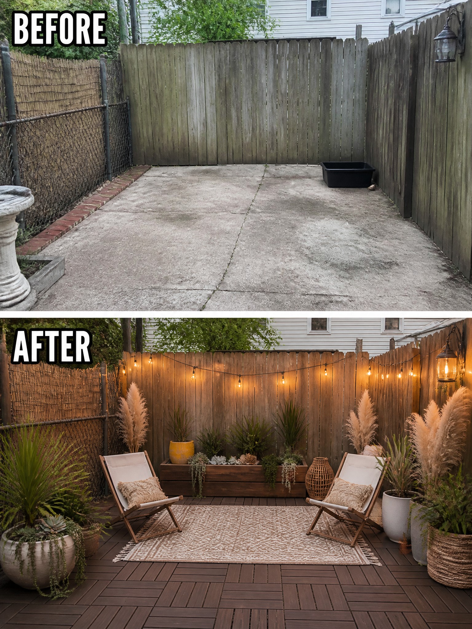 Before and after backyard patio makeover from concrete to deck with lights and plants
