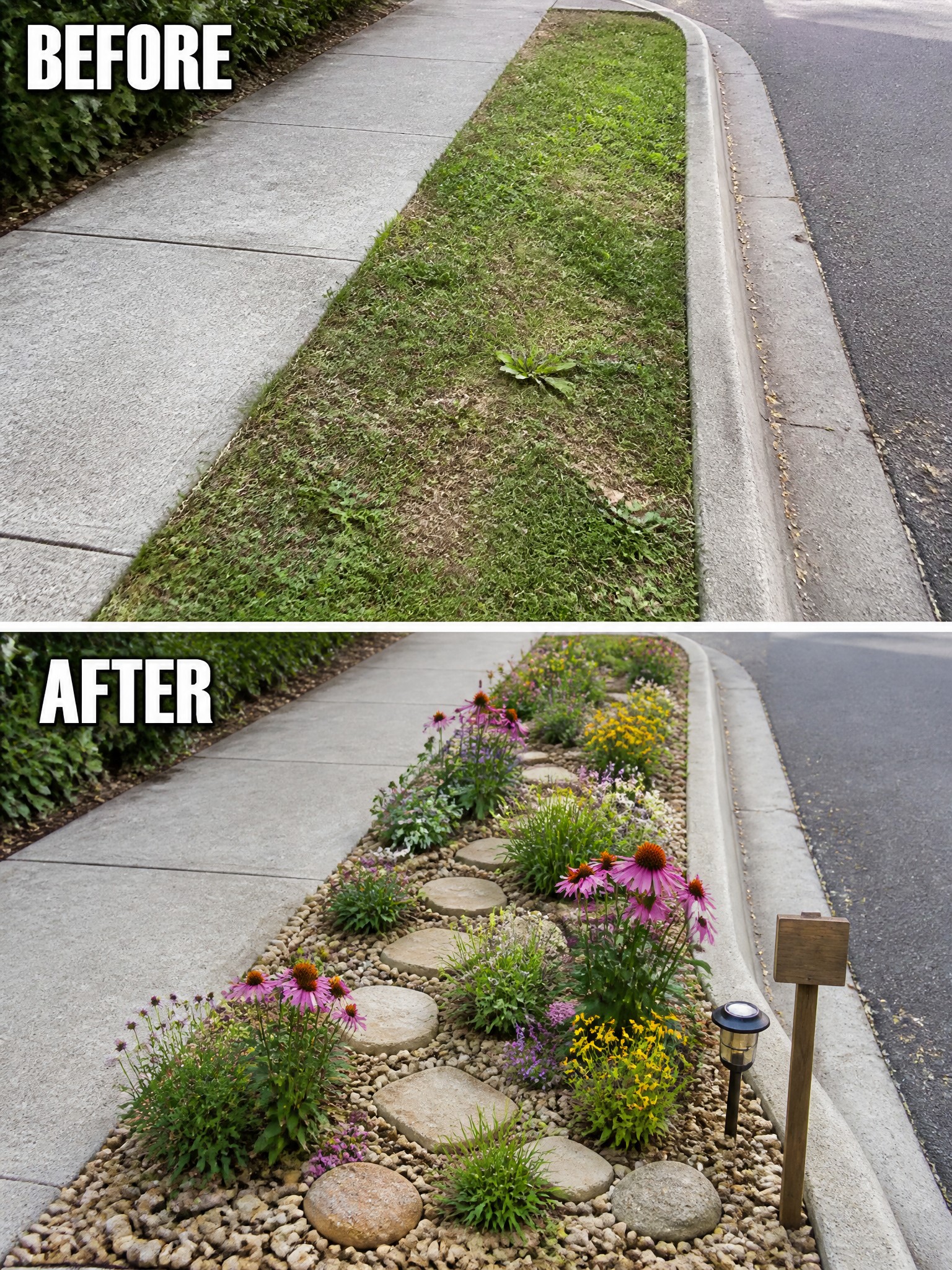 Before and after: weedy grass verge becomes colorful flower garden with gravel and stepping stones.