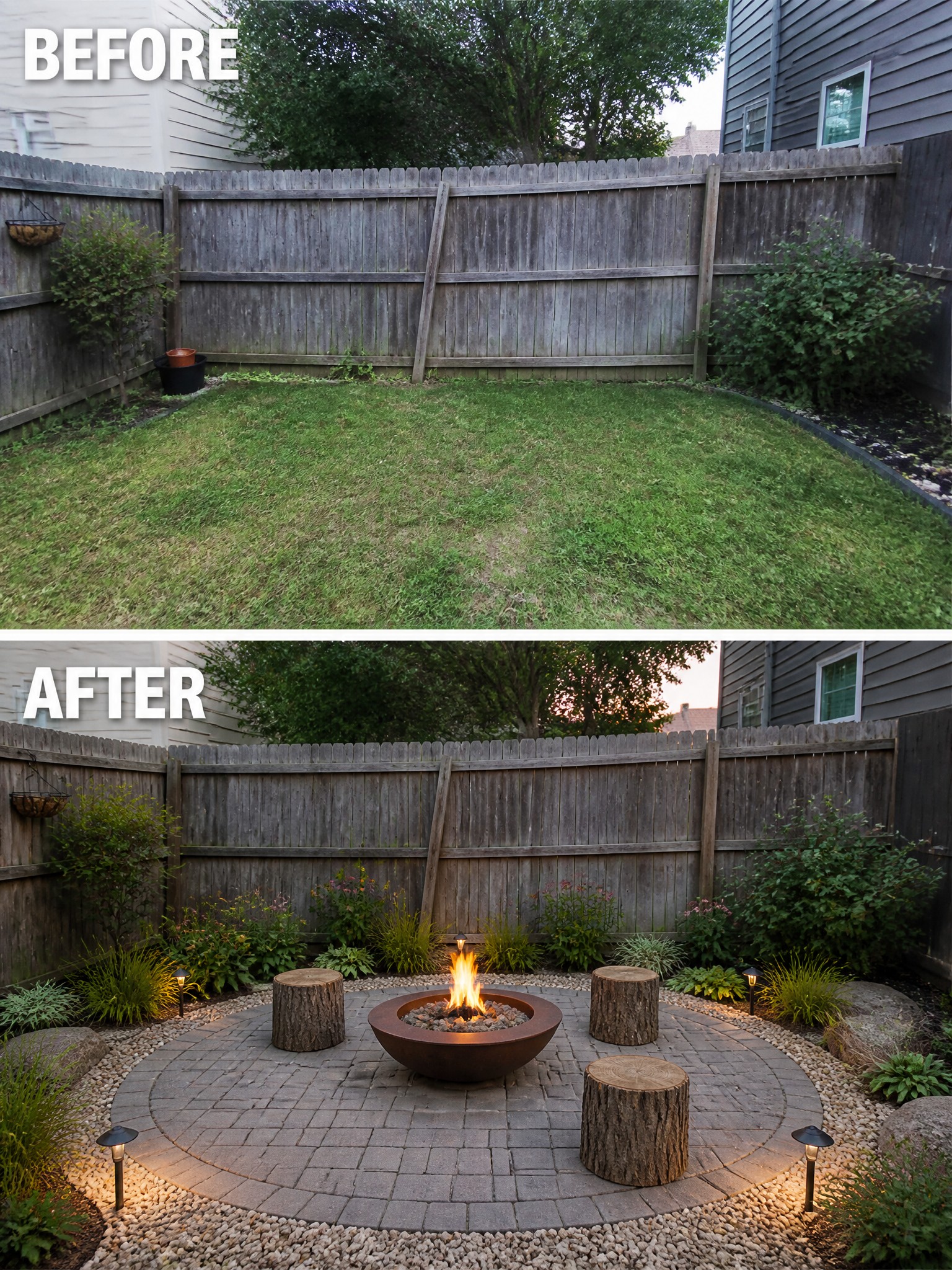 Before and after backyard with fire pit, pavers, tree-stump seats, and landscaping