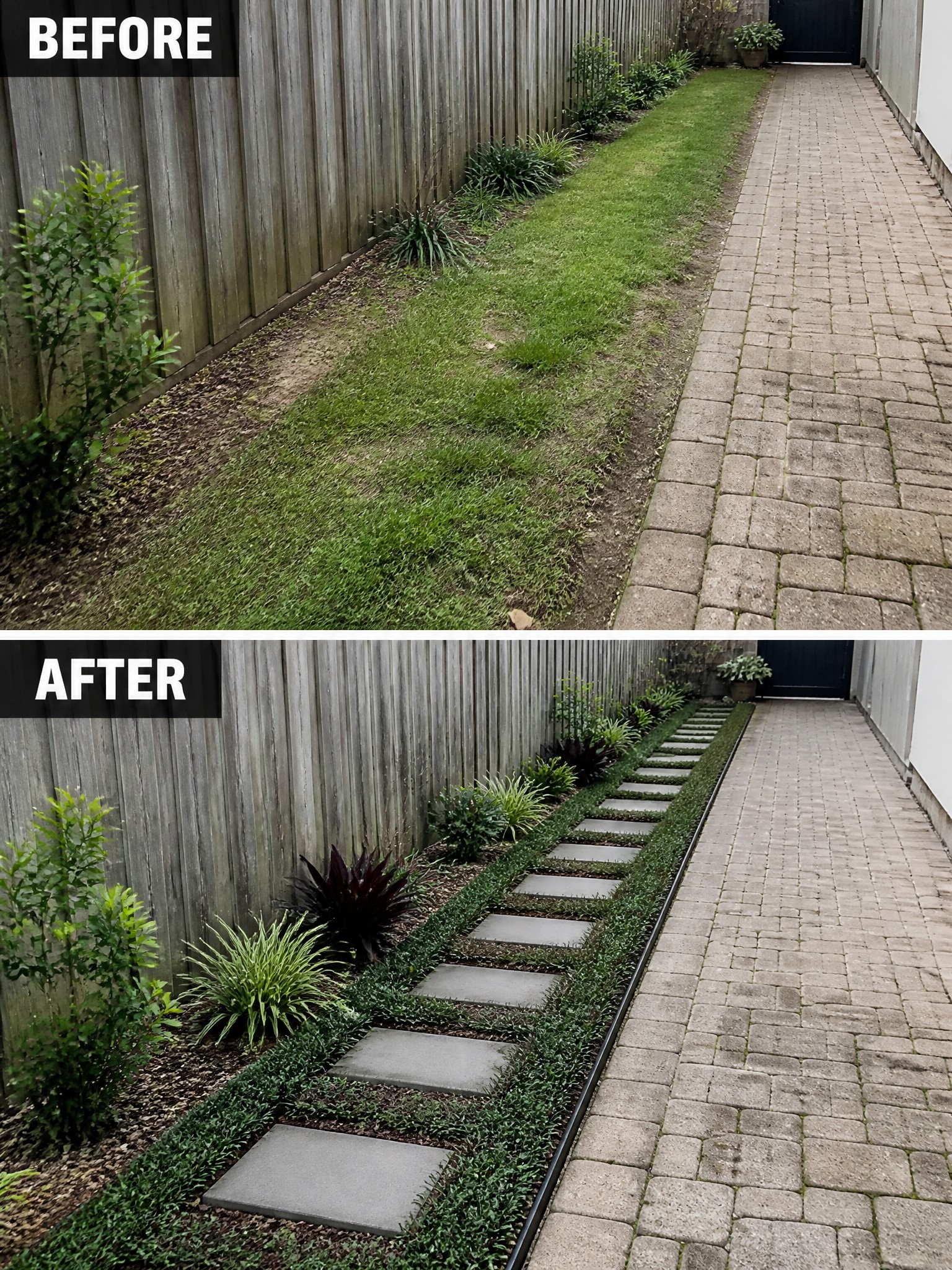 Before-and-after garden bed with stepping stones, plants, and wooden fence beside walkway.