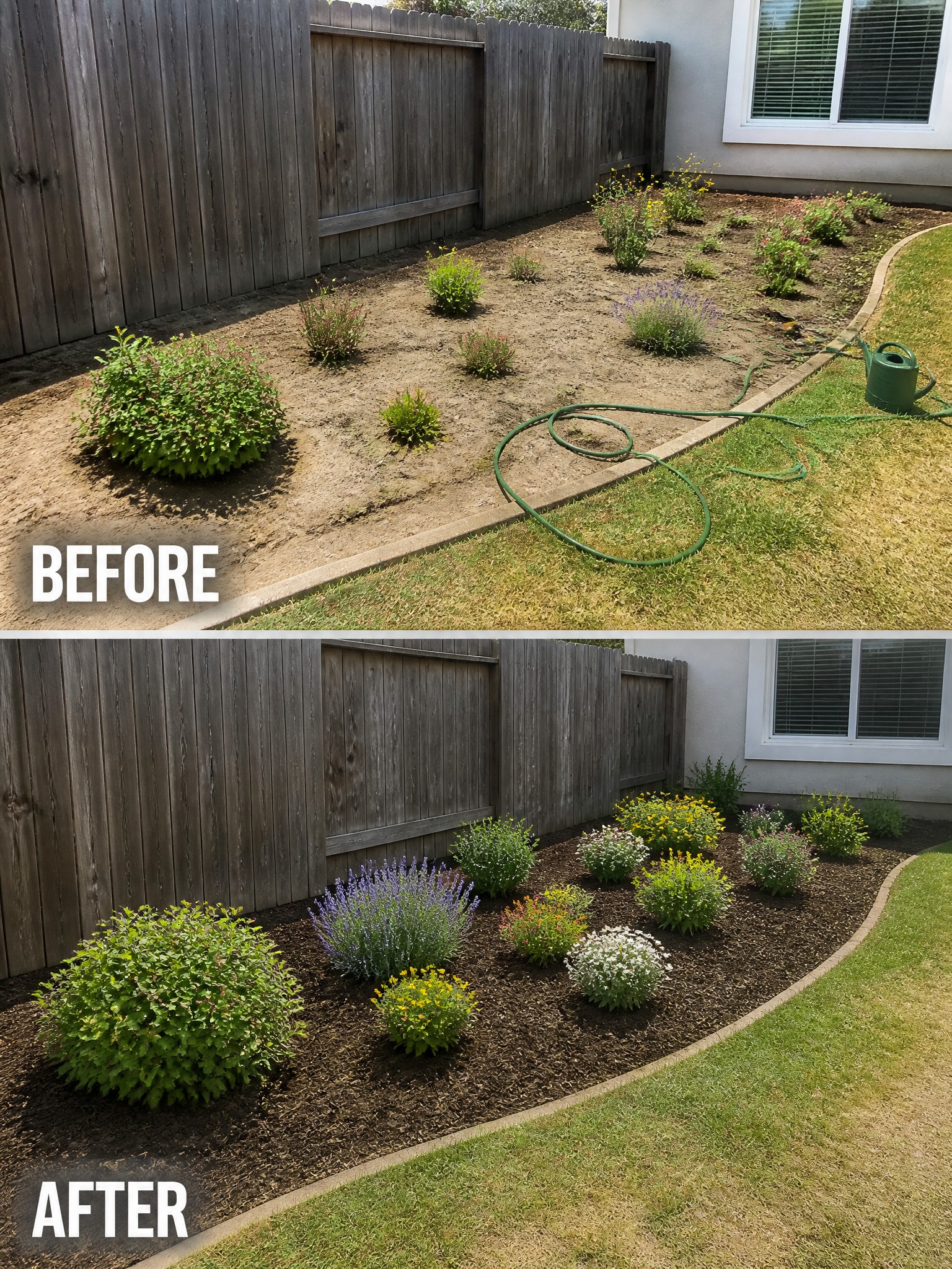 Before and after of backyard garden with added flowers, shrubs, and dark mulch along fence
